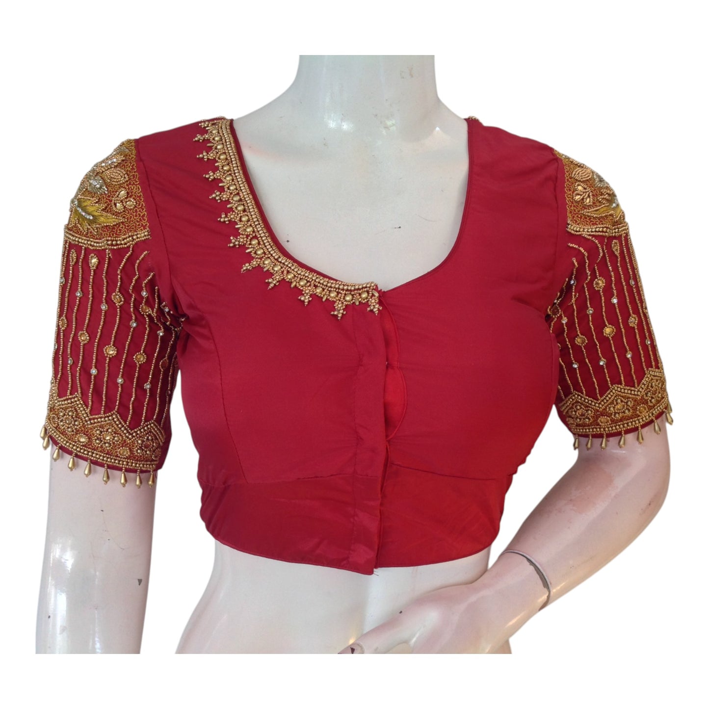 Regal Maroon Aari & Beads Bridal Silk Saree Blouse with Sleeve Hangings