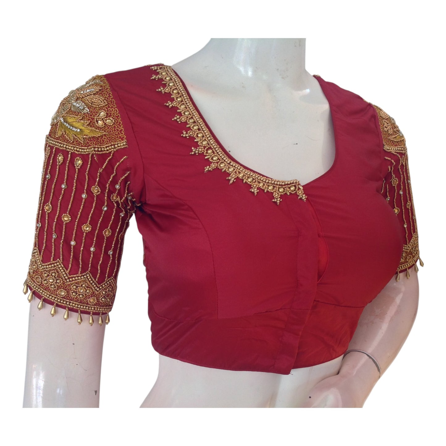 Regal Maroon Aari & Beads Bridal Silk Saree Blouse with Sleeve Hangings