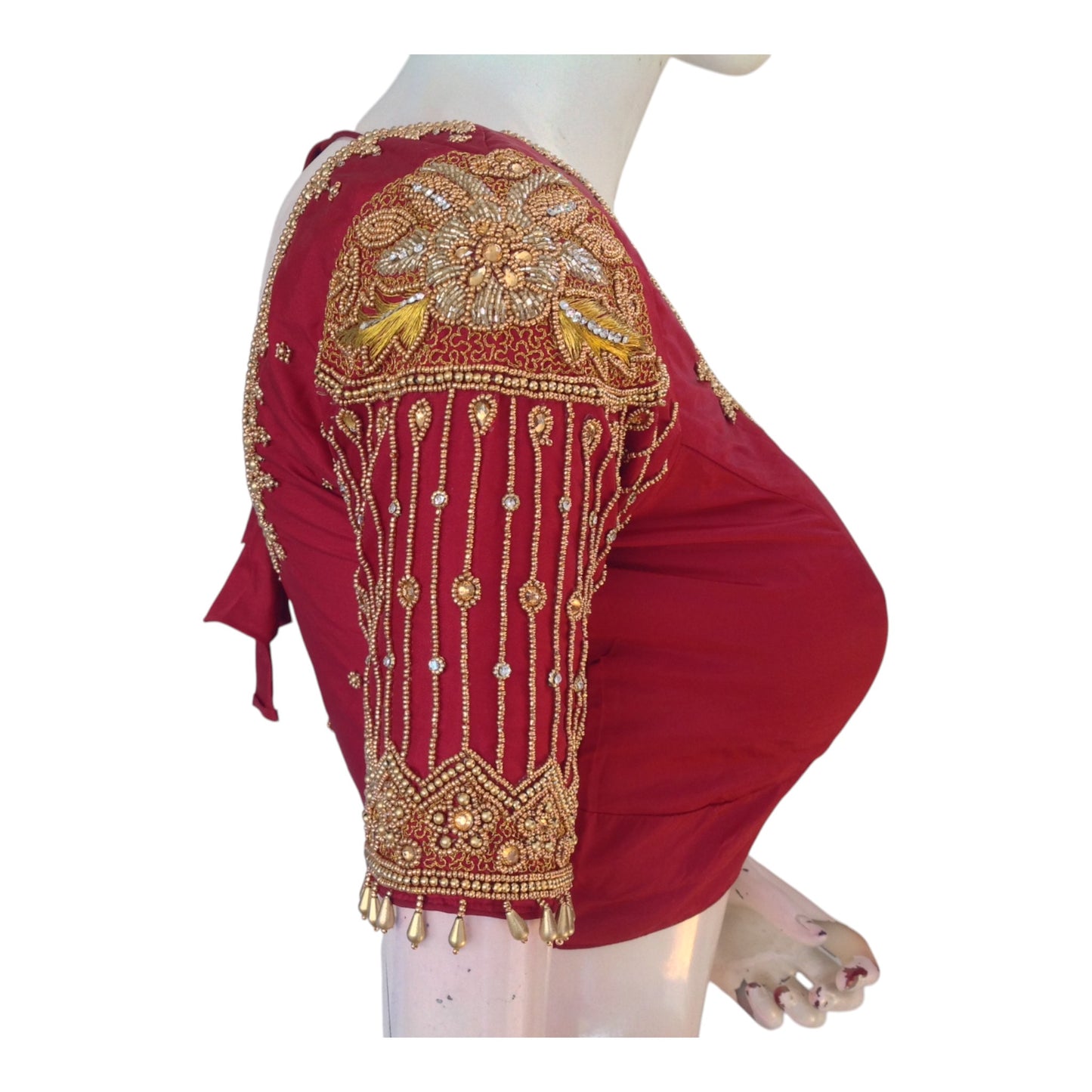 Regal Maroon Aari & Beads Bridal Silk Saree Blouse with Sleeve Hangings