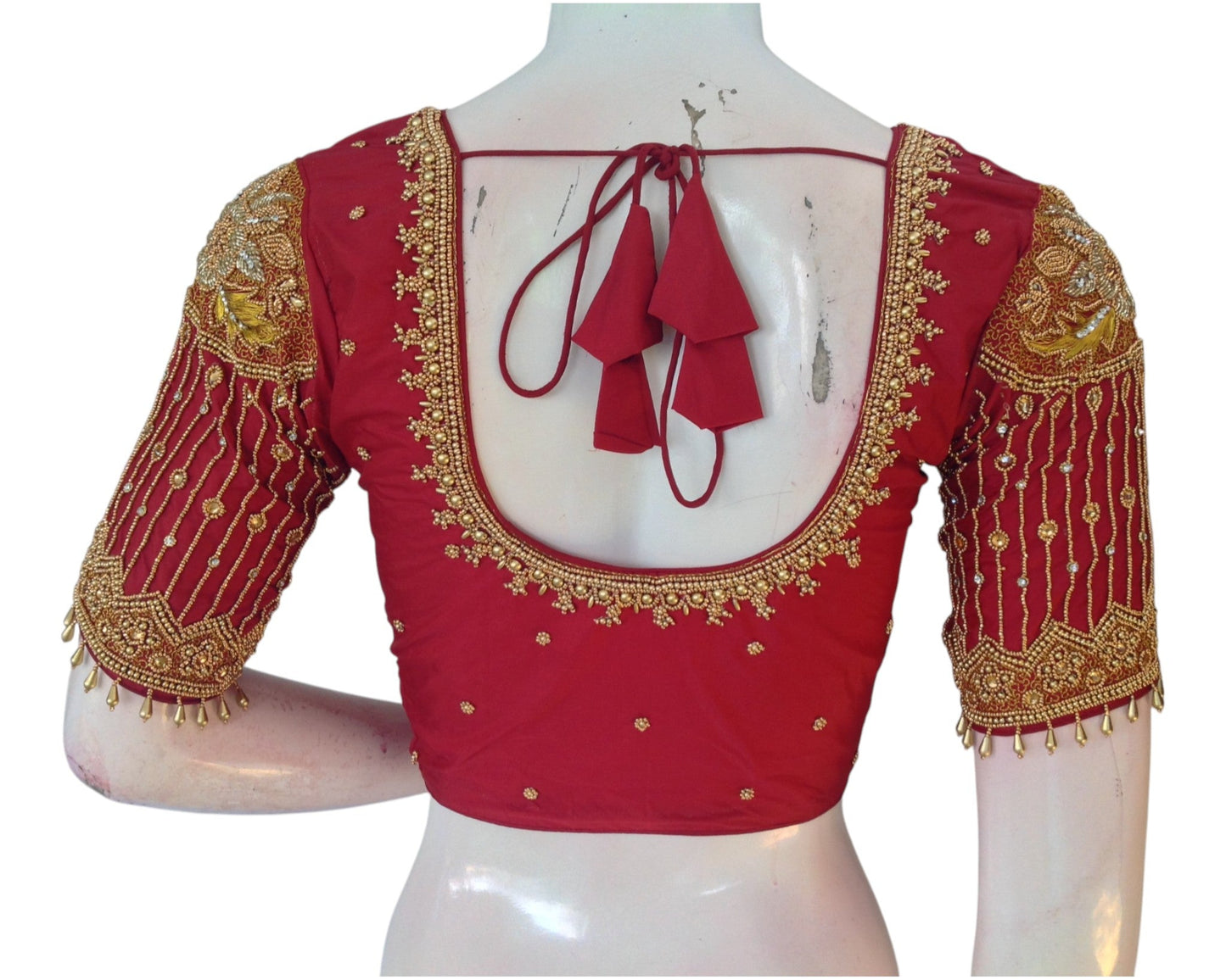 Regal Maroon Aari & Beads Bridal Silk Saree Blouse with Sleeve Hangings