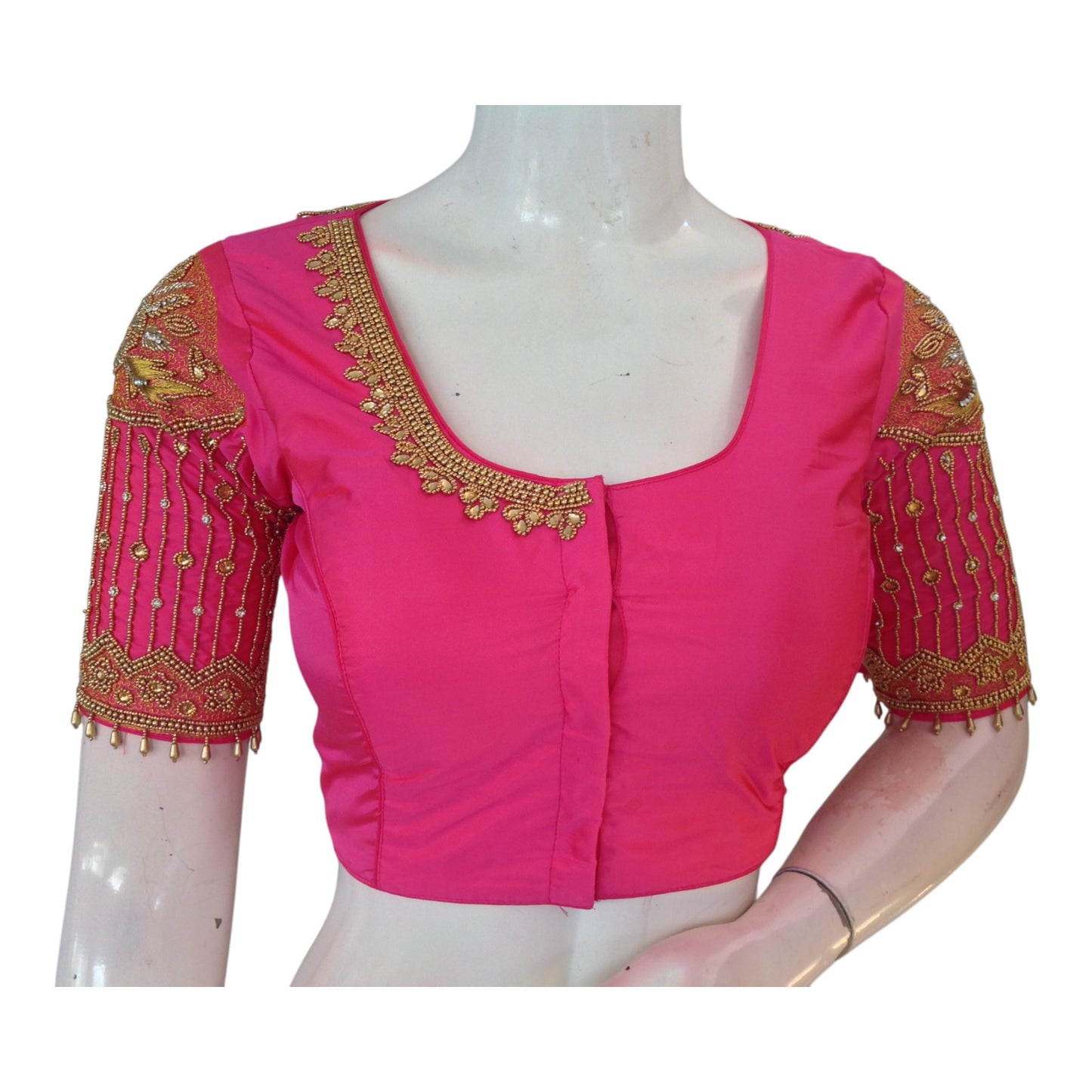 Vibrant Pink Aari Work Designer Neck Wedding Silk Saree Blouse
