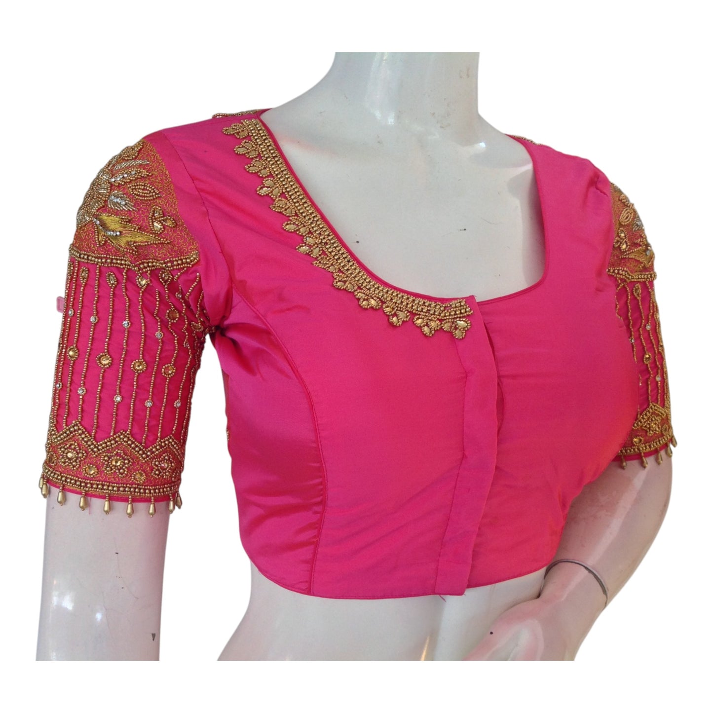 Vibrant Pink Aari Work Designer Neck Wedding Silk Saree Blouse