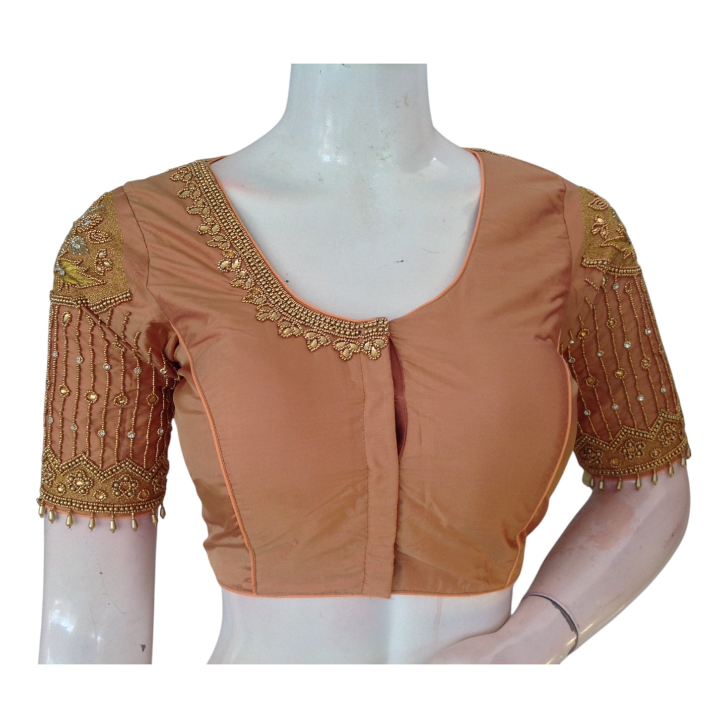 Elegant Peach Aari Work Designer Neck Wedding Silk Saree Blouse