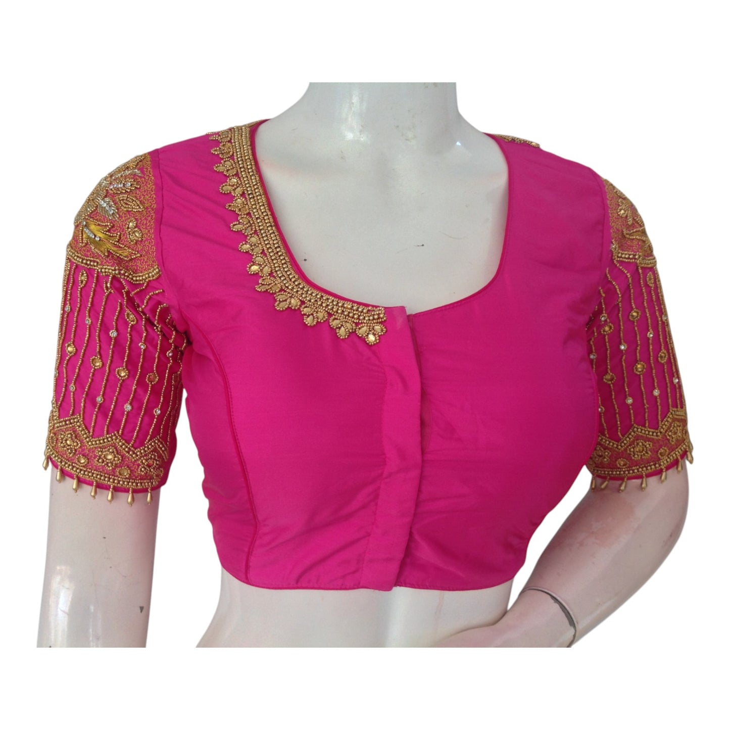 Vibrant Rani Pink Designer Neck Aari Work Wedding Silk Saree Blouse