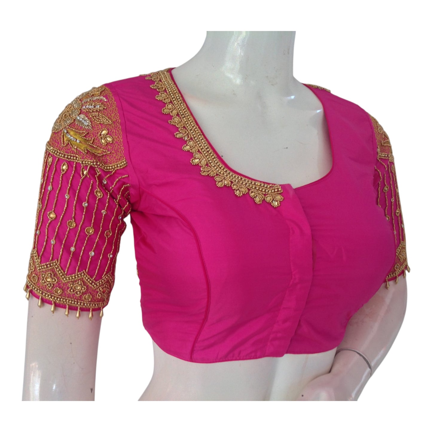 Vibrant Rani Pink Designer Neck Aari Work Wedding Silk Saree Blouse