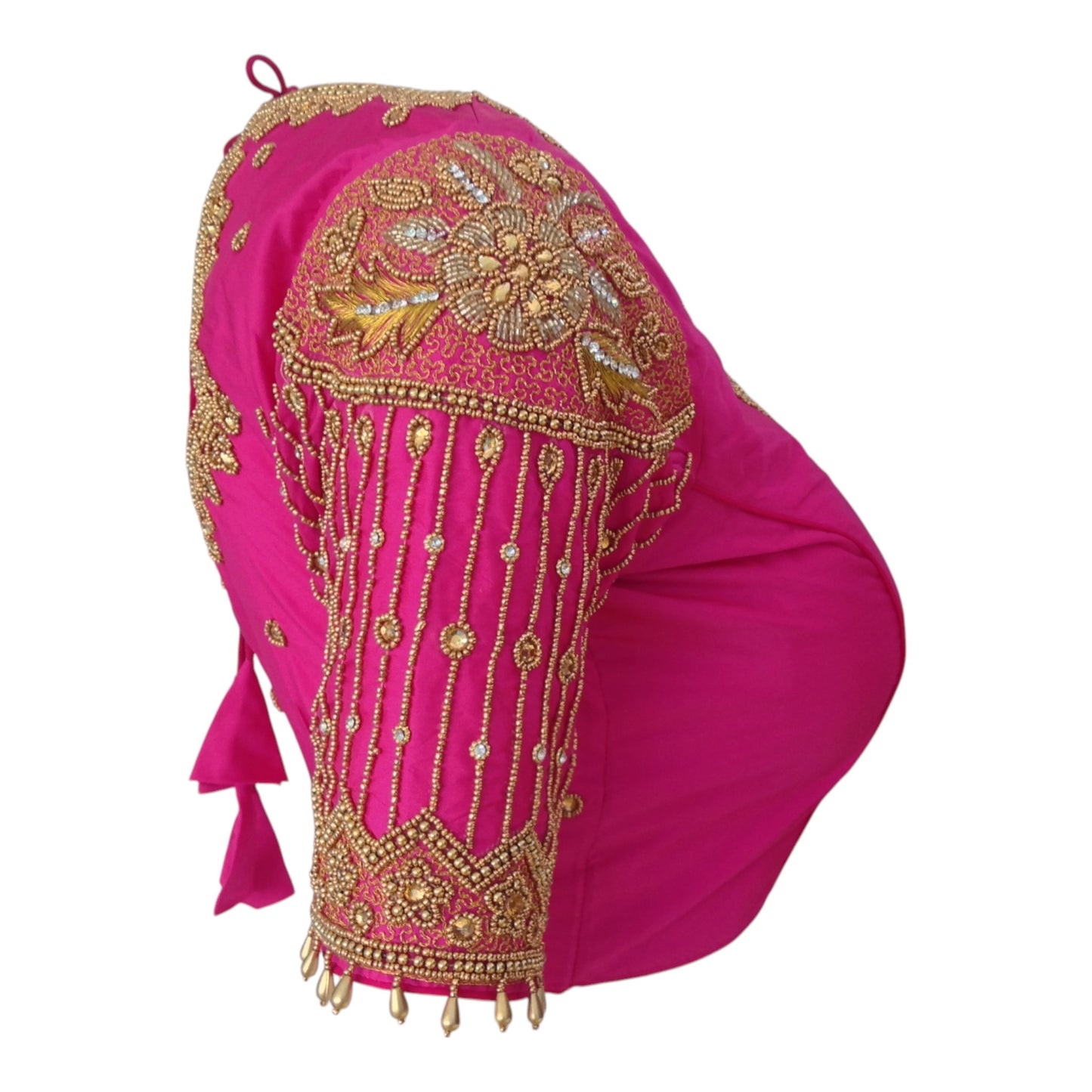 Vibrant Rani Pink Designer Neck Aari Work Wedding Silk Saree Blouse