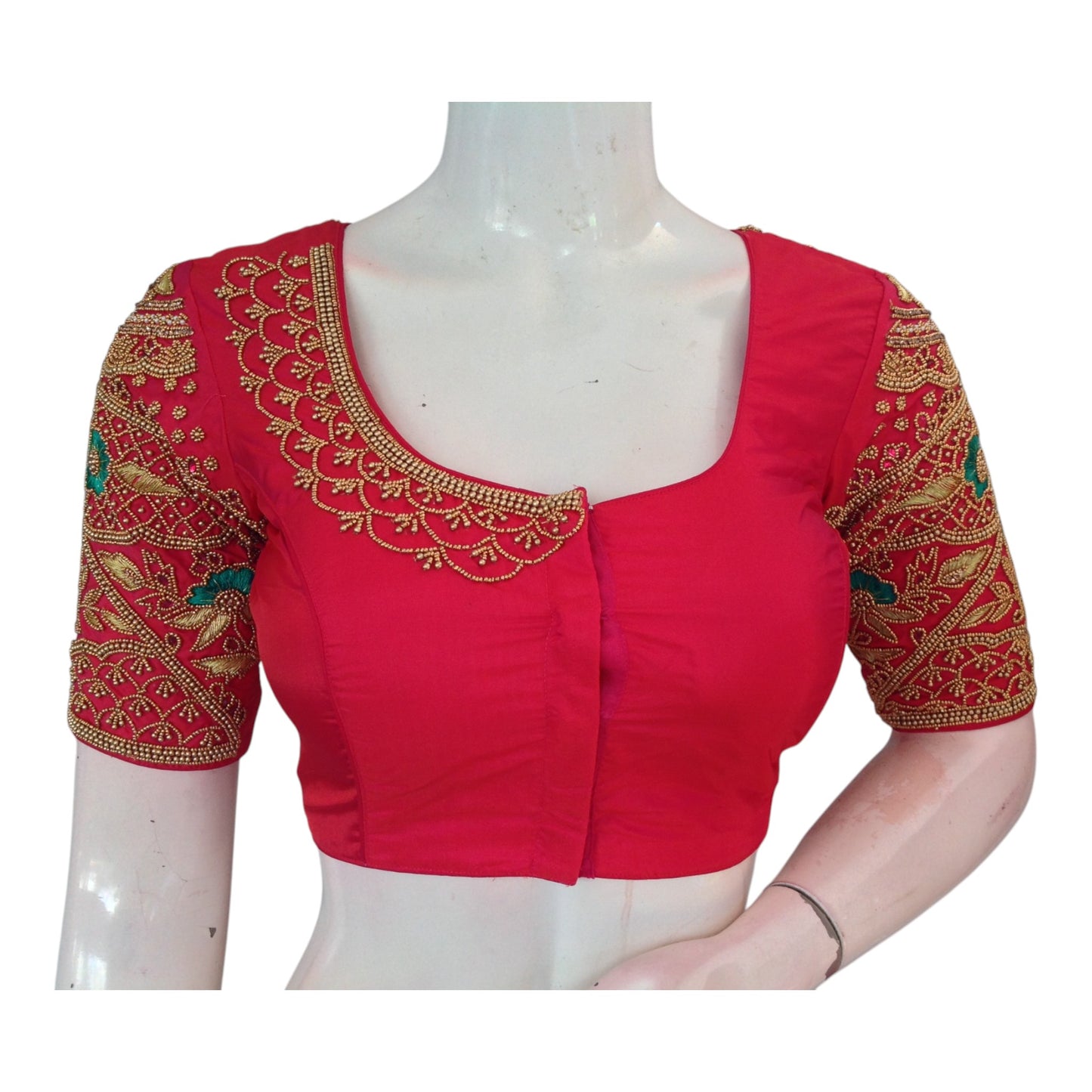 Rich Dark Peach Pink Aari Handwork Wedding Silk Saree Readymade Blouse