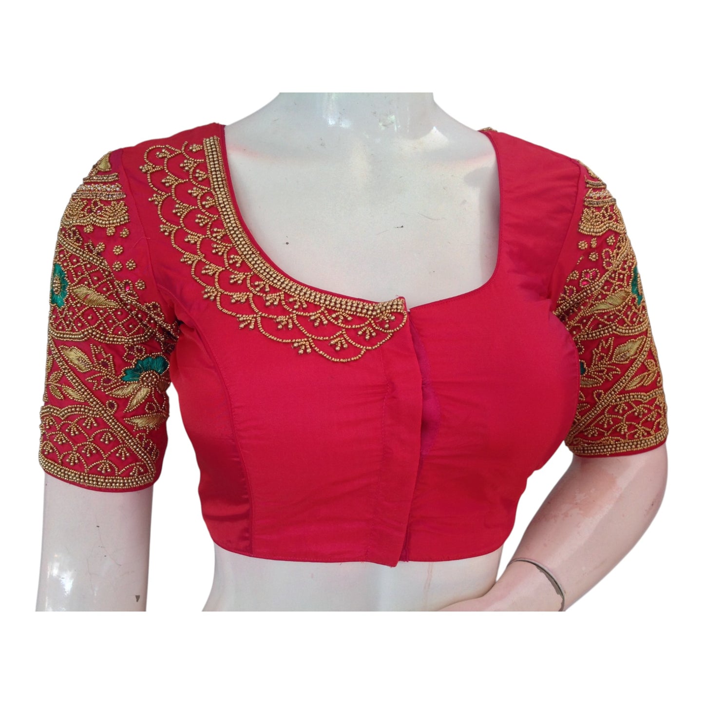 Rich Dark Peach Pink Aari Handwork Wedding Silk Saree Readymade Blouse