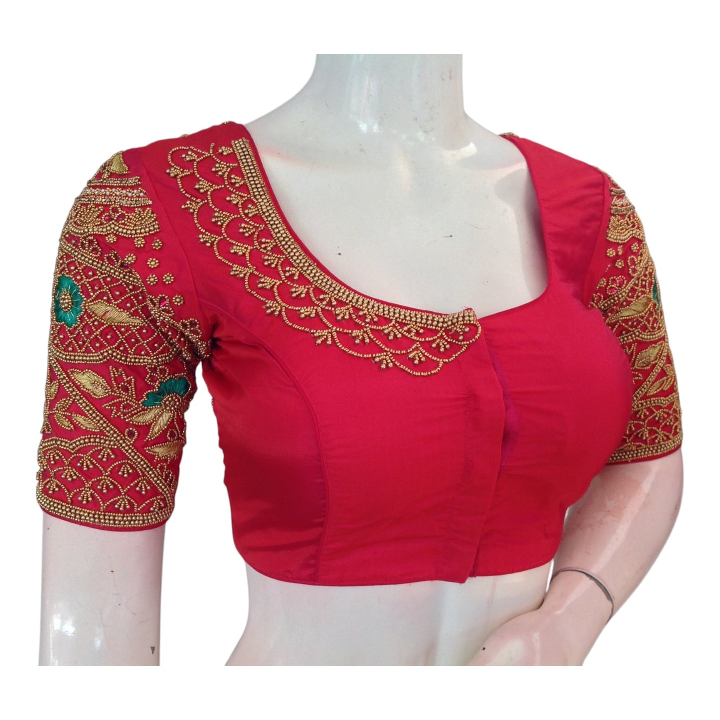 Rich Dark Peach Pink Aari Handwork Wedding Silk Saree Readymade Blouse