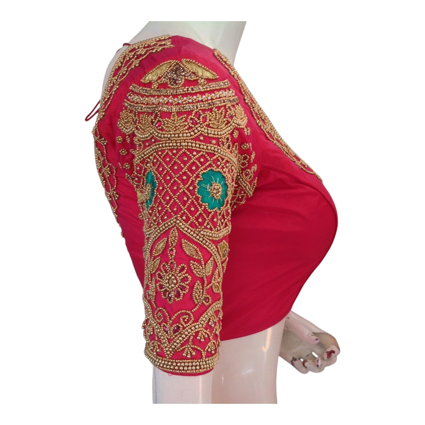 Rich Dark Peach Pink Aari Handwork Wedding Silk Saree Readymade Blouse