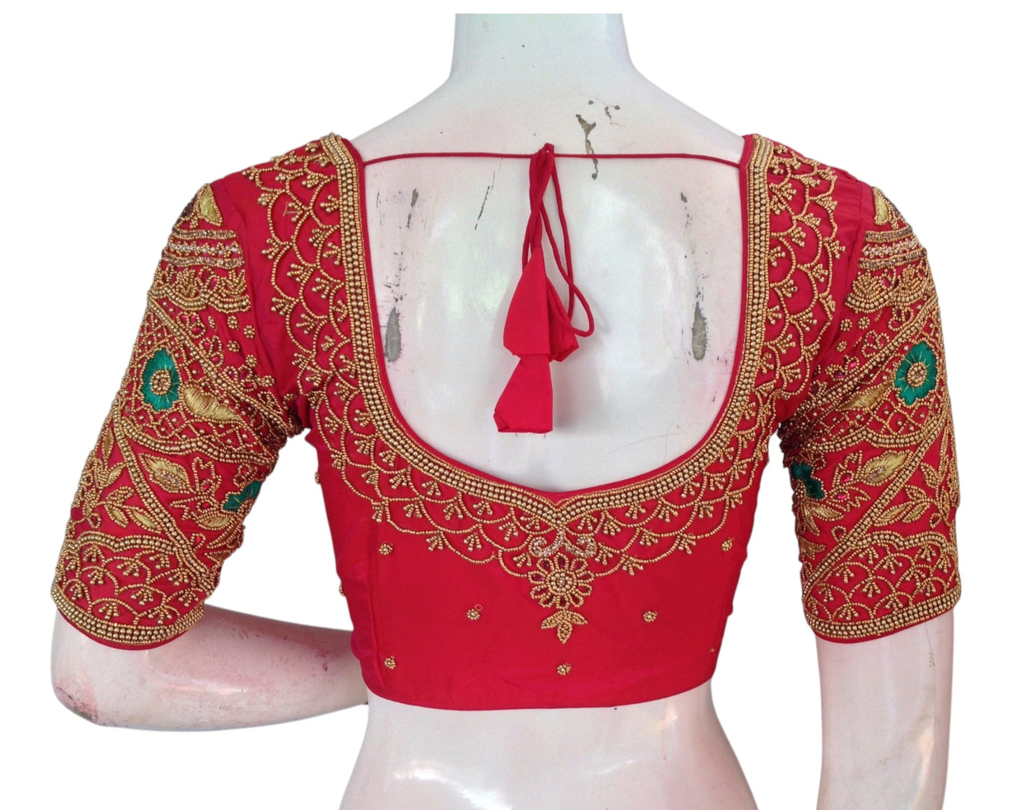 Rich Dark Peach Pink Aari Handwork Wedding Silk Saree Readymade Blouse