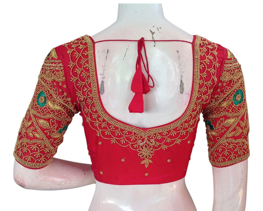 Rich Dark Peach Pink Aari Handwork Wedding Silk Saree Readymade Blouse