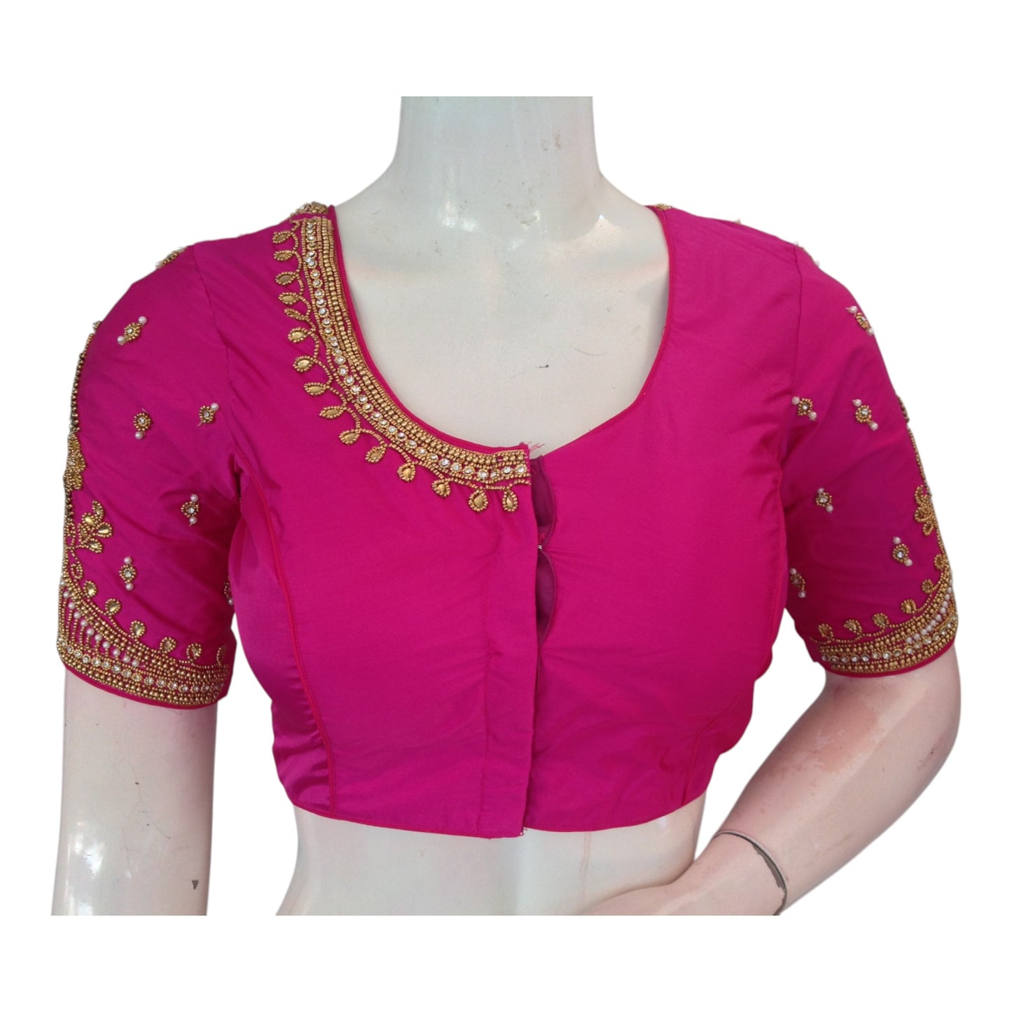 Lovely Pink Color Aari Handwork Wedding Silk Saree Readymade Blouse