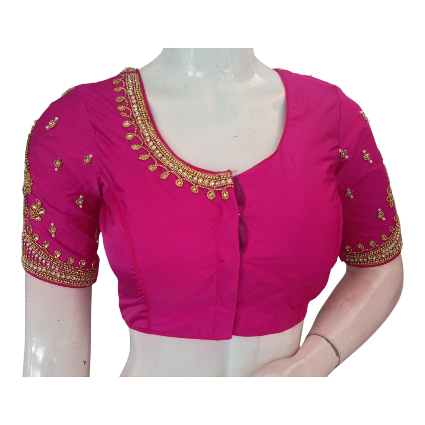 Lovely Pink Color Aari Handwork Wedding Silk Saree Readymade Blouse
