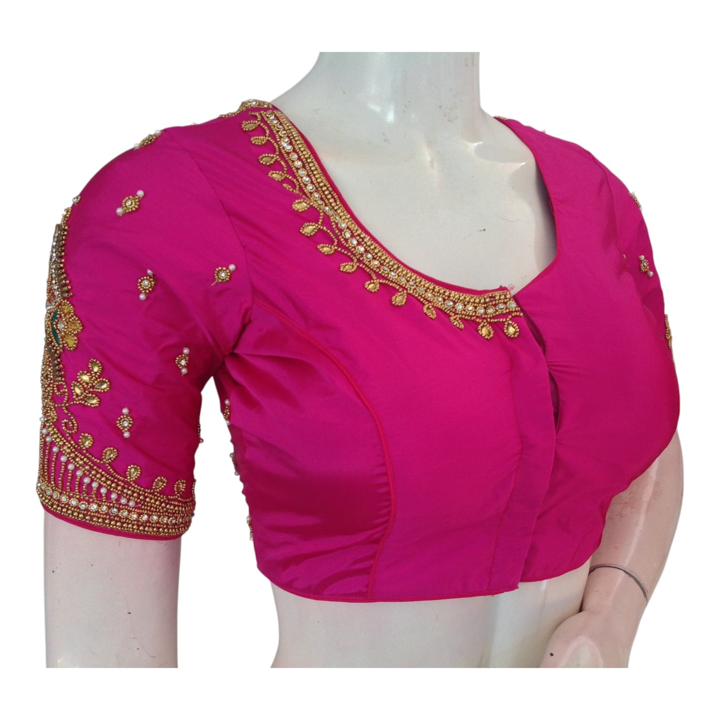 Lovely Pink Color Aari Handwork Wedding Silk Saree Readymade Blouse