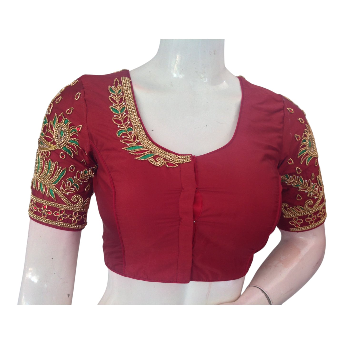 Regal Maroon Aari Handwork Wedding Silk Saree Blouse with Elegant Peacock