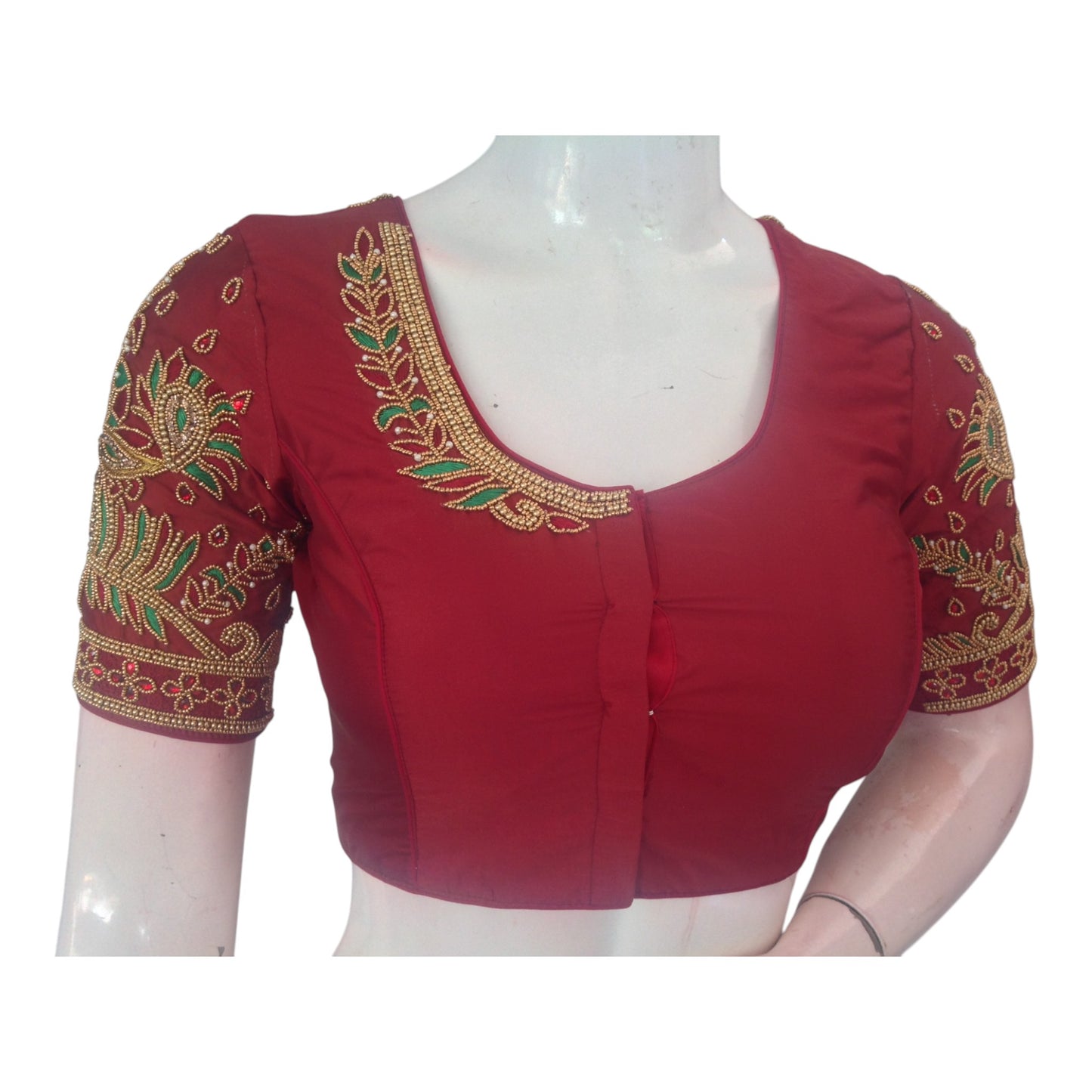 Regal Maroon Aari Handwork Wedding Silk Saree Blouse with Elegant Peacock