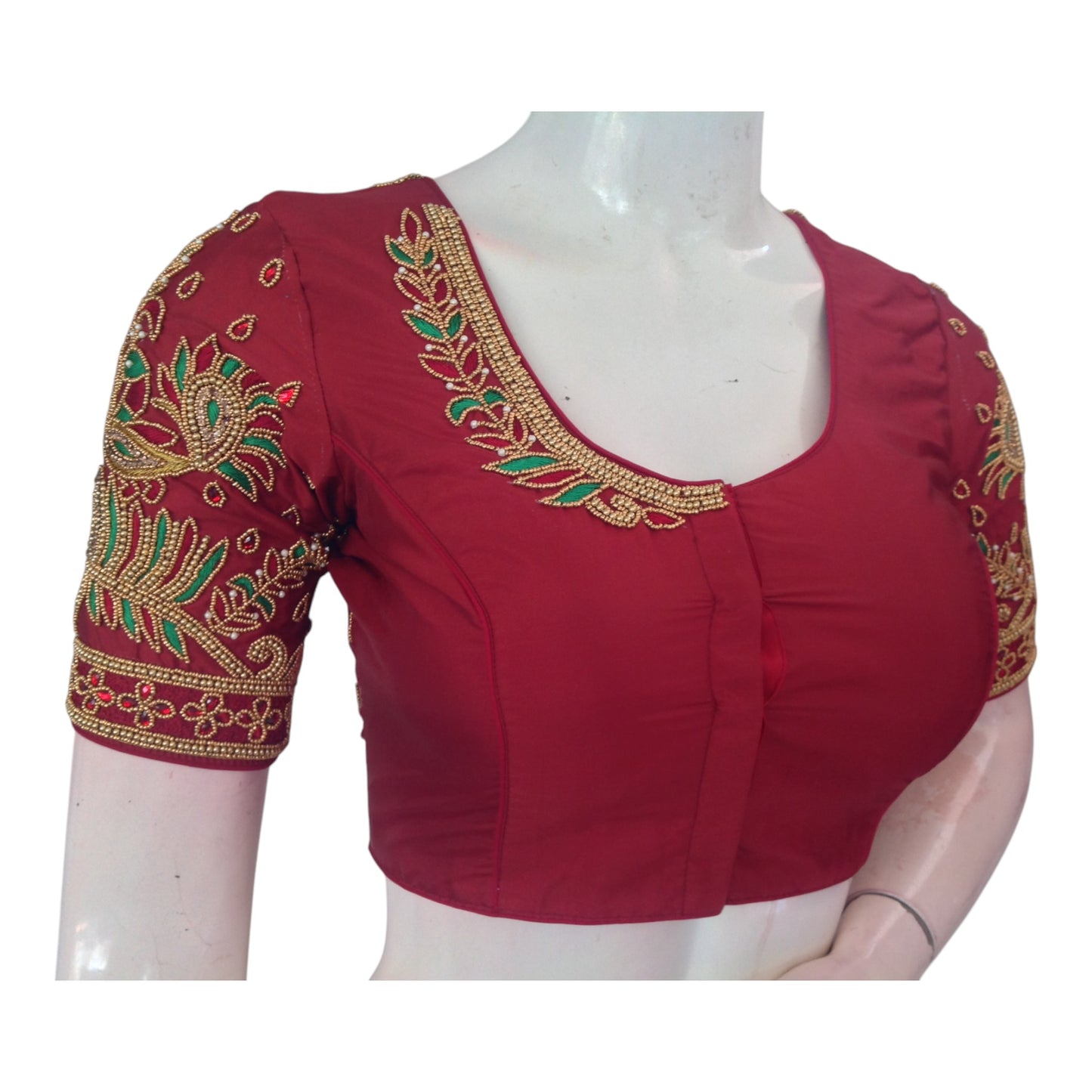 Regal Maroon Aari Handwork Wedding Silk Saree Blouse with Elegant Peacock