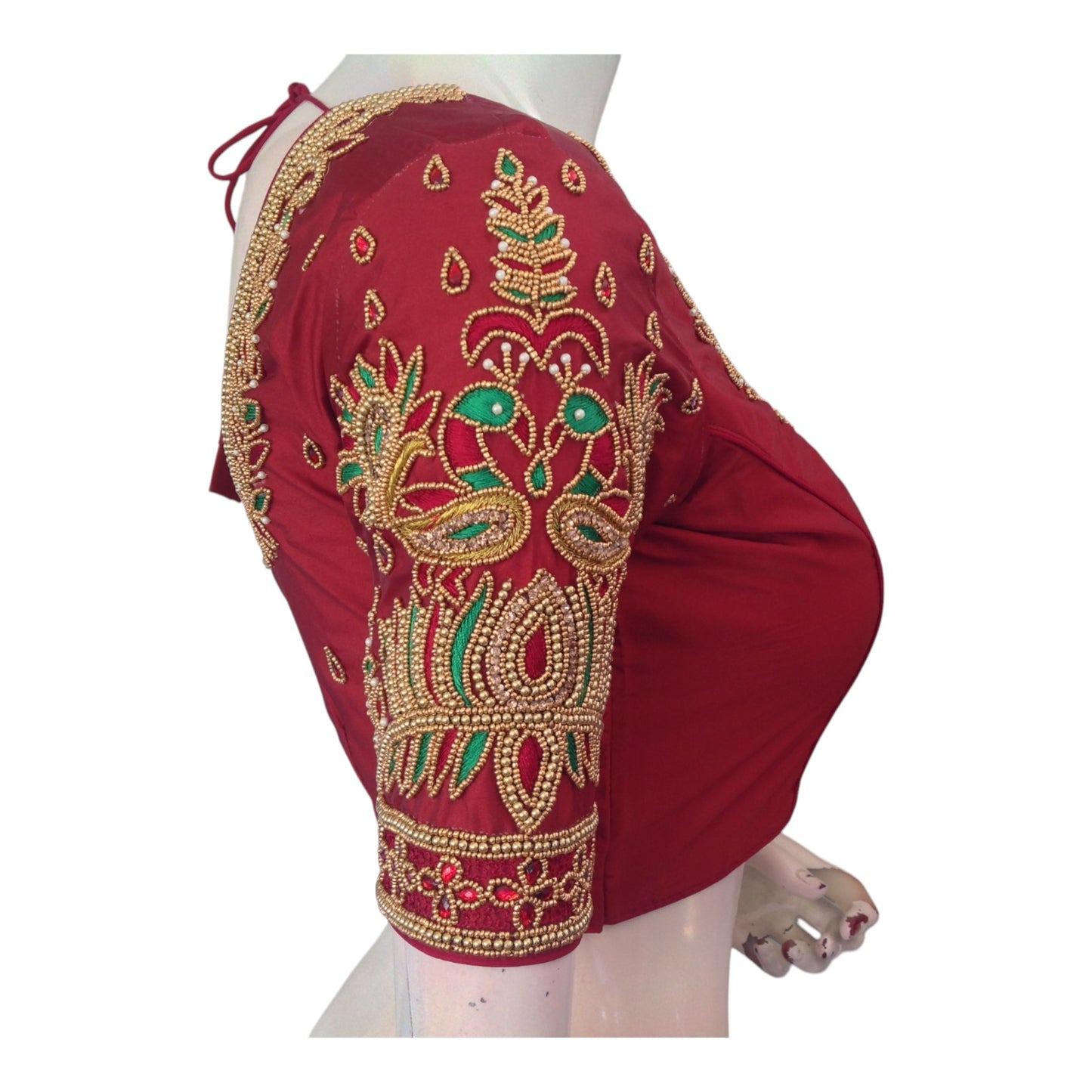 Regal Maroon Aari Handwork Wedding Silk Saree Blouse with Elegant Peacock