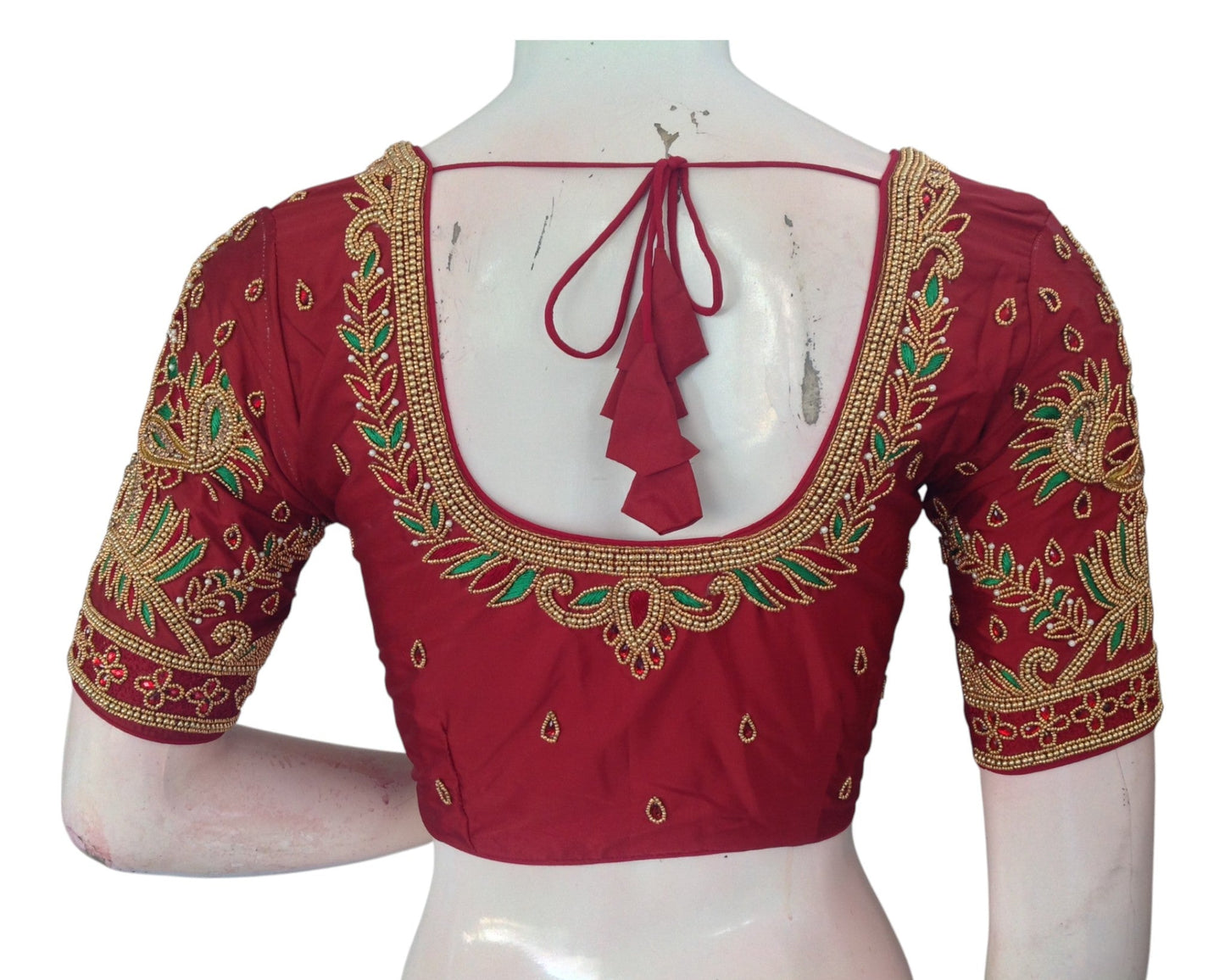 Regal Maroon Aari Handwork Wedding Silk Saree Blouse with Elegant Peacock