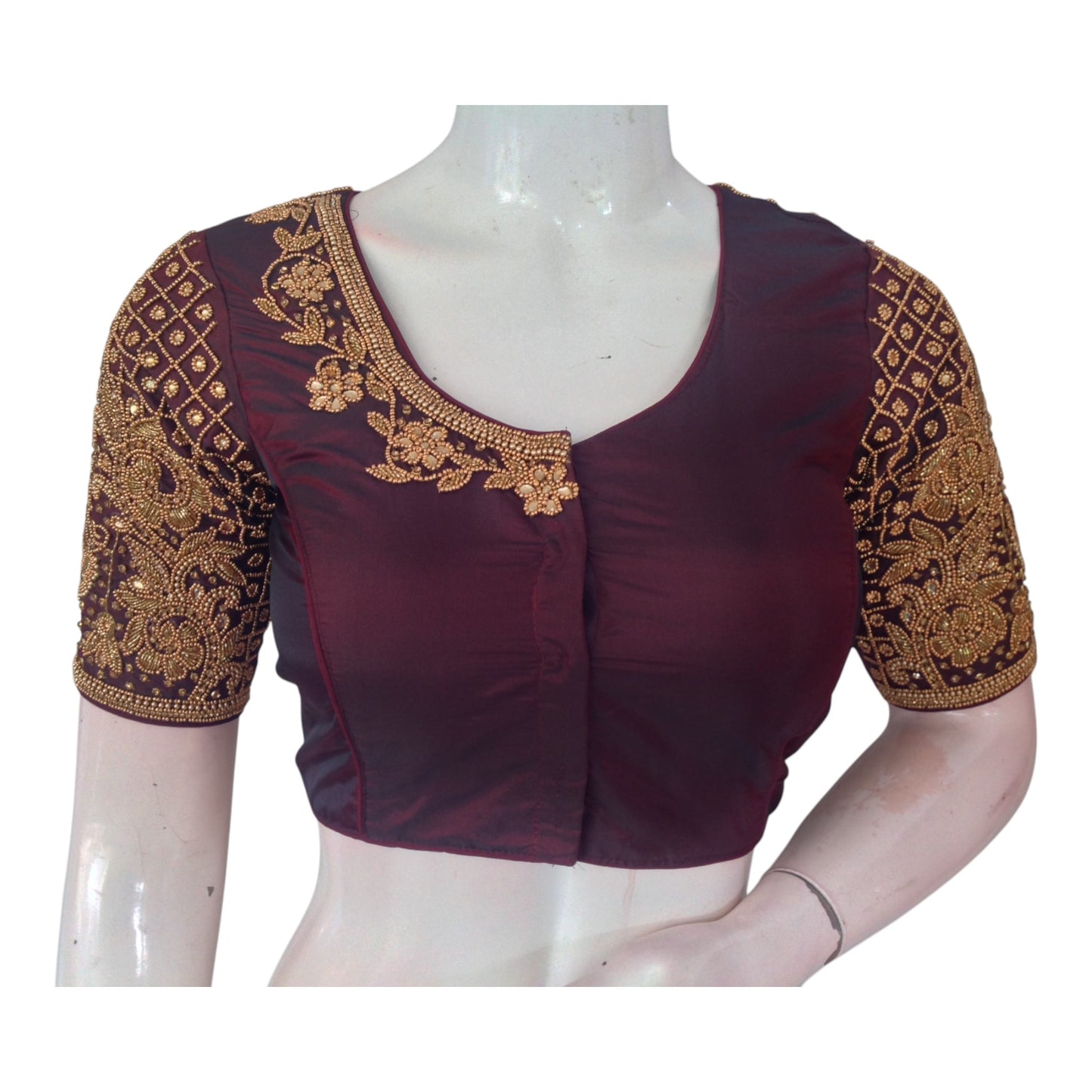 Luxurious Dark Maroon Aari Handwork Wedding Silk Saree Readymade Blouse
