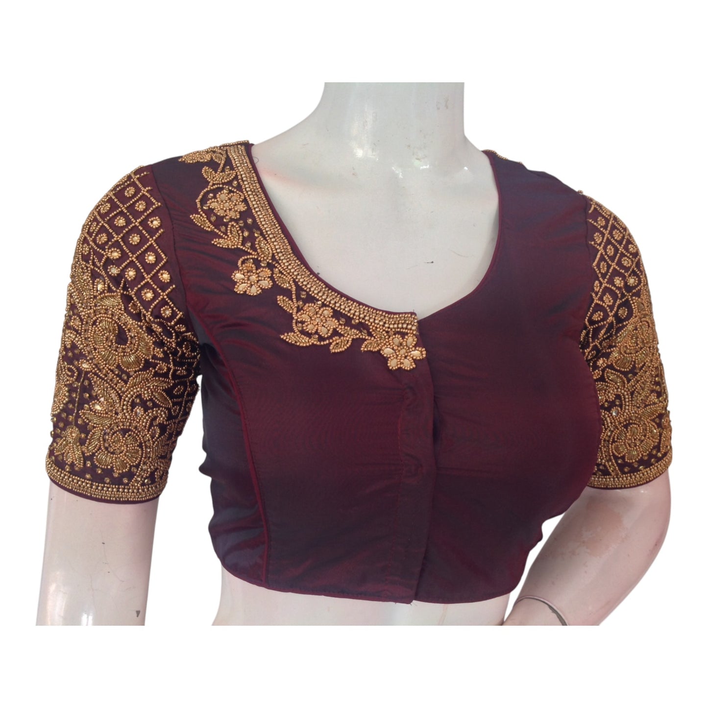 Luxurious Dark Maroon Aari Handwork Wedding Silk Saree Readymade Blouse