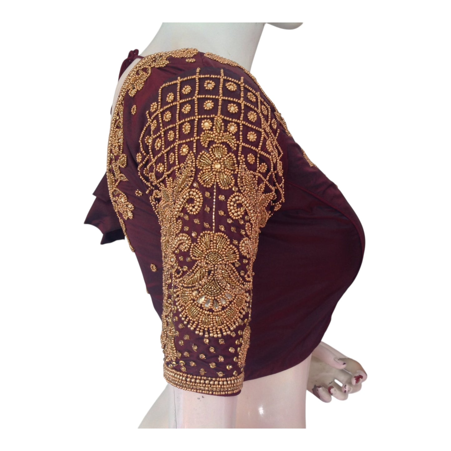 Luxurious Dark Maroon Aari Handwork Wedding Silk Saree Readymade Blouse