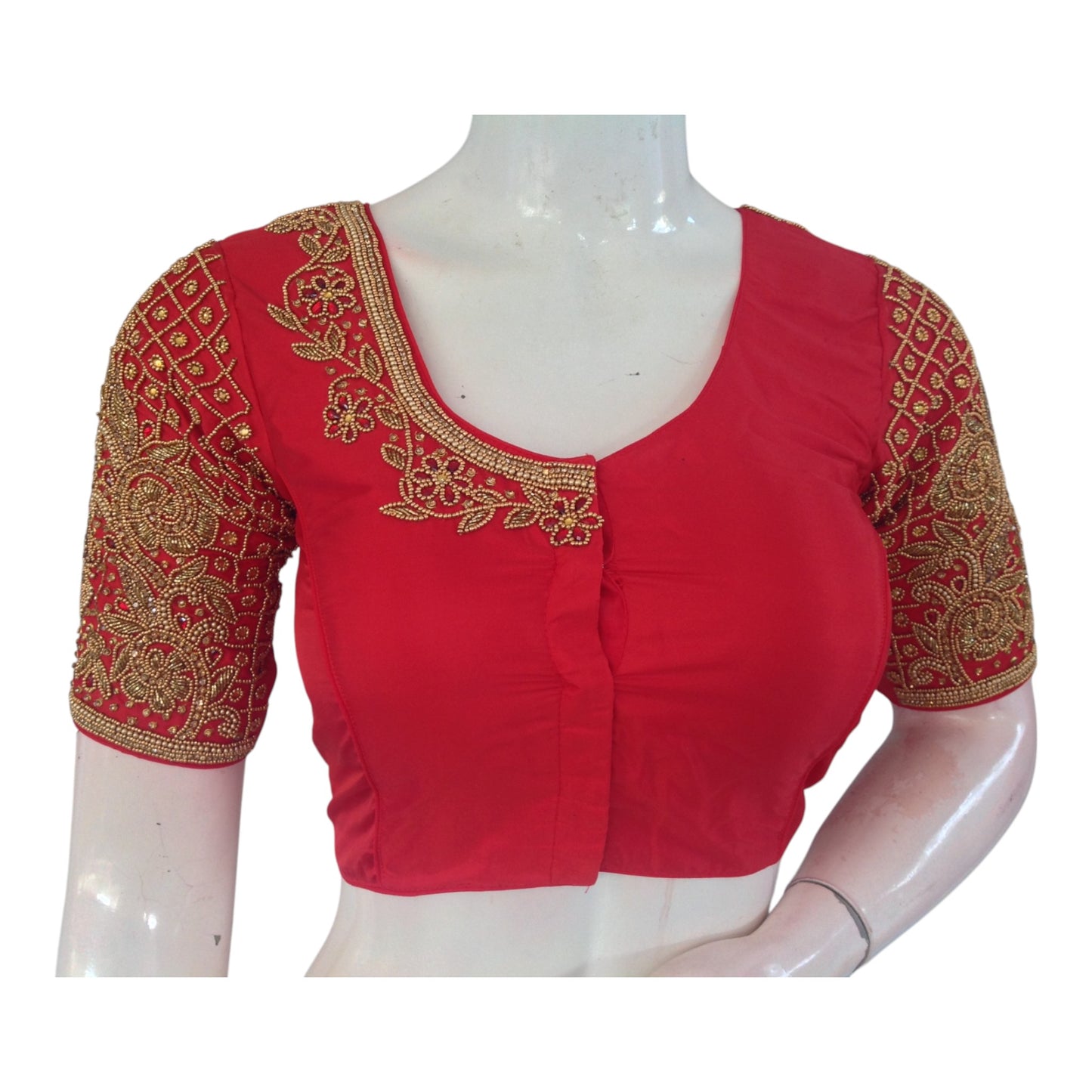 Elegant Red Color Aari Handwork Wedding Silk Saree Ready made Blouse