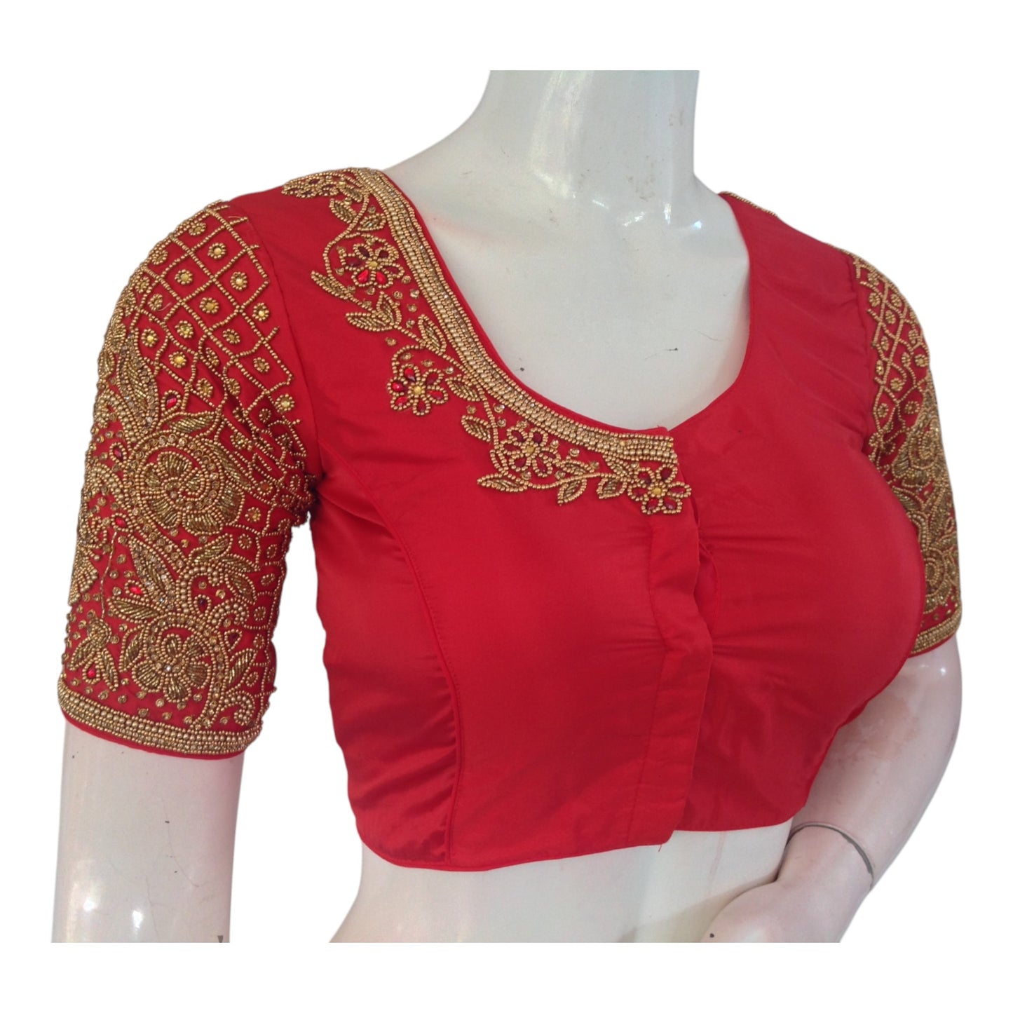 Elegant Red Color Aari Handwork Wedding Silk Saree Ready made Blouse