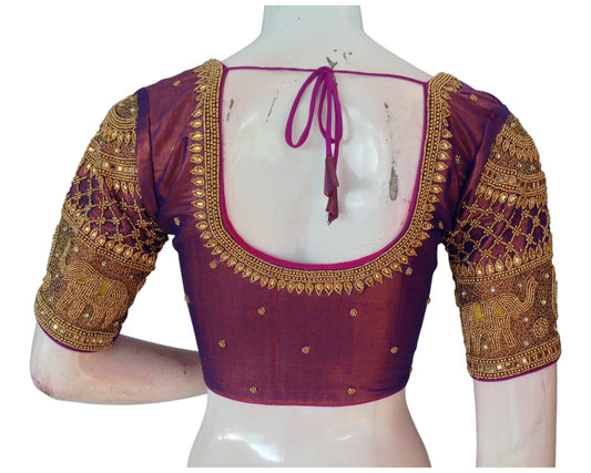 Regal Purple Aari Work Wedding Tissue Silk Saree Blouse with Elephant Design