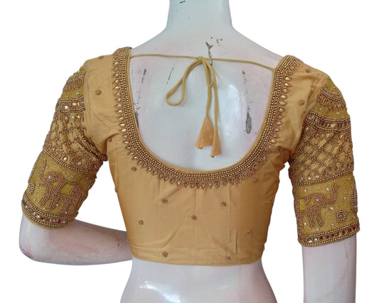 Finest Gold Aari Handwork Wedding Silk Blouse with Majestic Elephant Motif