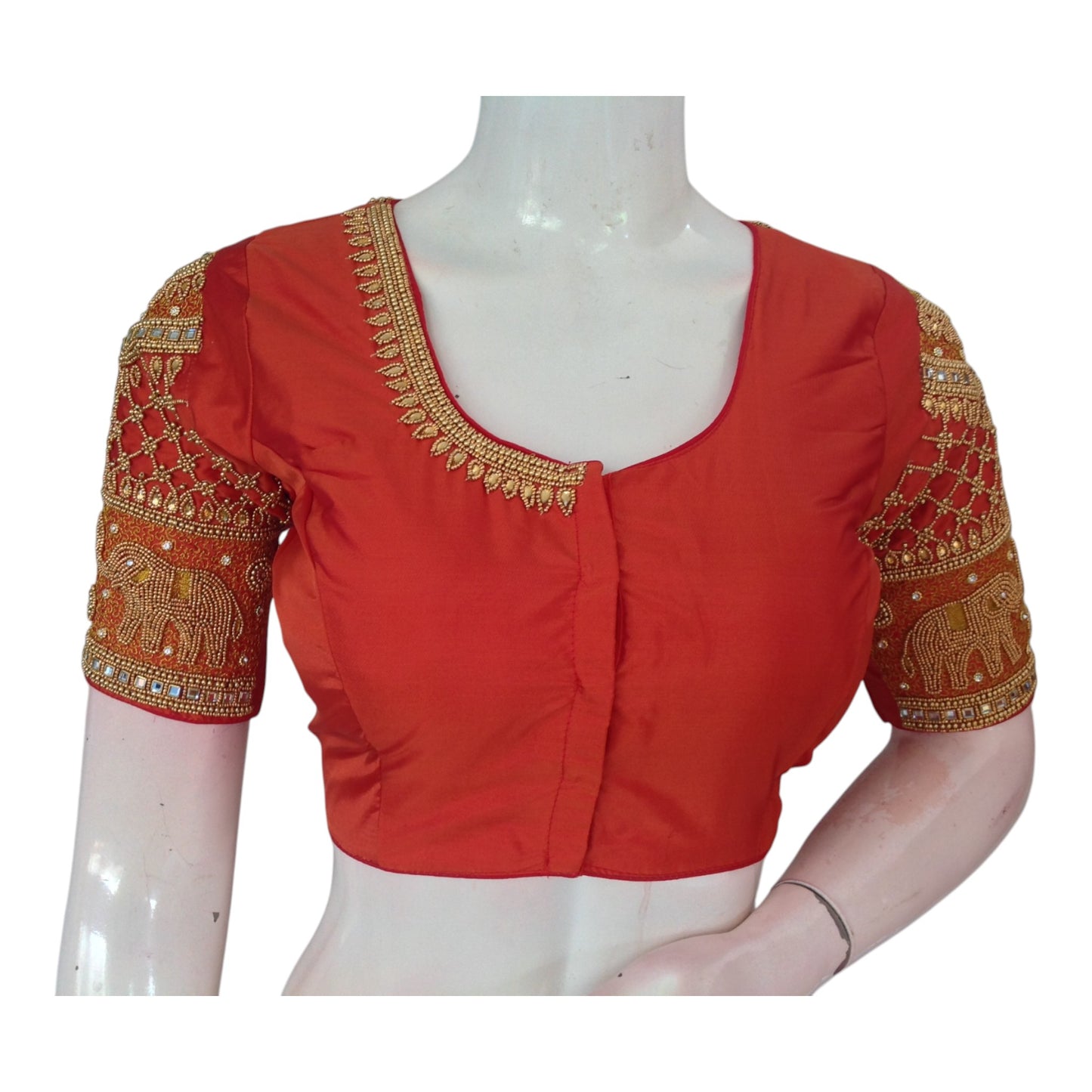 Rich Terracotta Color Aari Handwork Wedding Silk Saree Blouse
