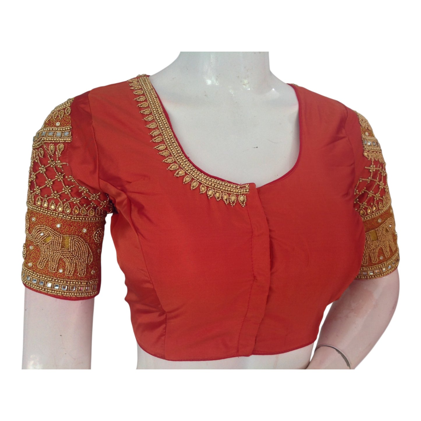 Rich Terracotta Color Aari Handwork Wedding Silk Saree Blouse