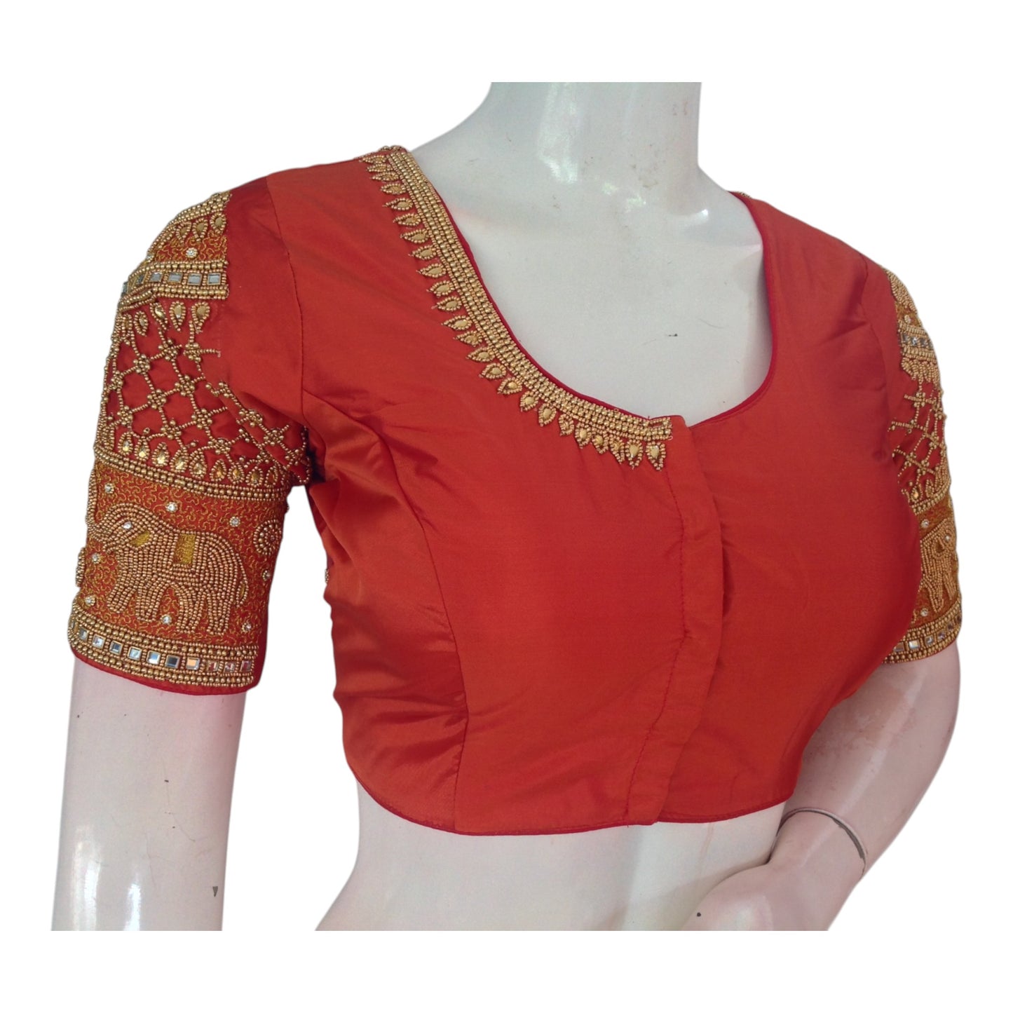 Rich Terracotta Color Aari Handwork Wedding Silk Saree Blouse
