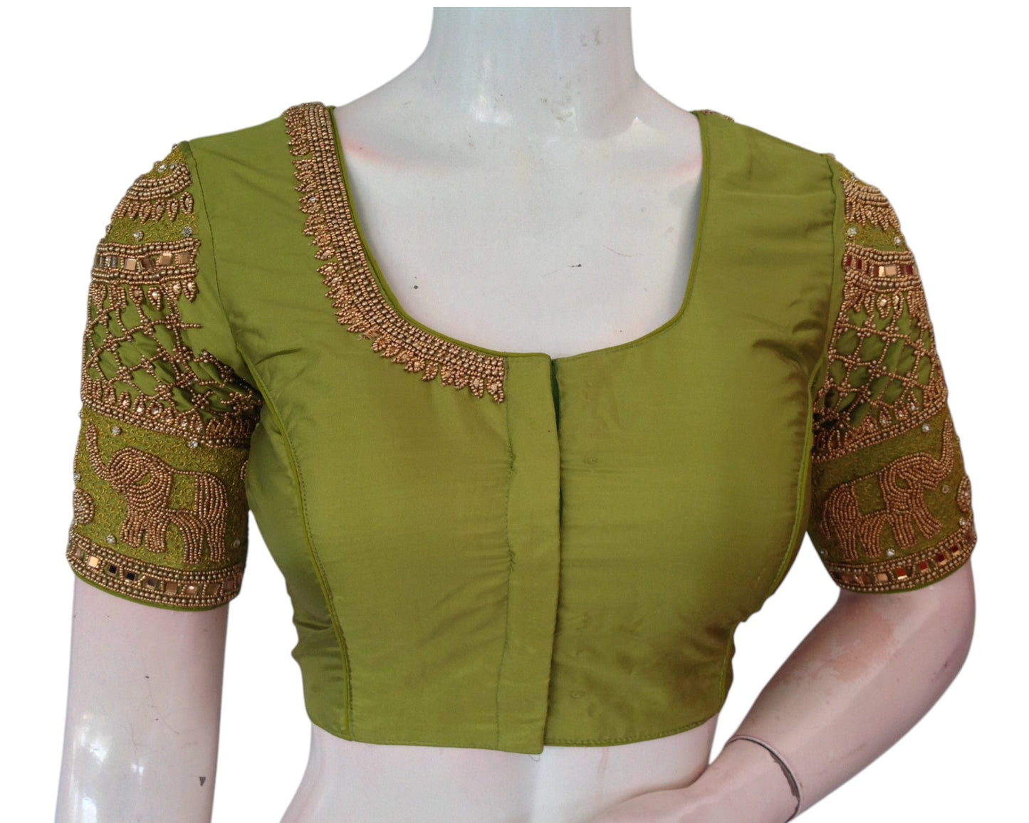 Handcrafted Olive Green Silk Wedding Blouse - Intricate Elephant Aari Design