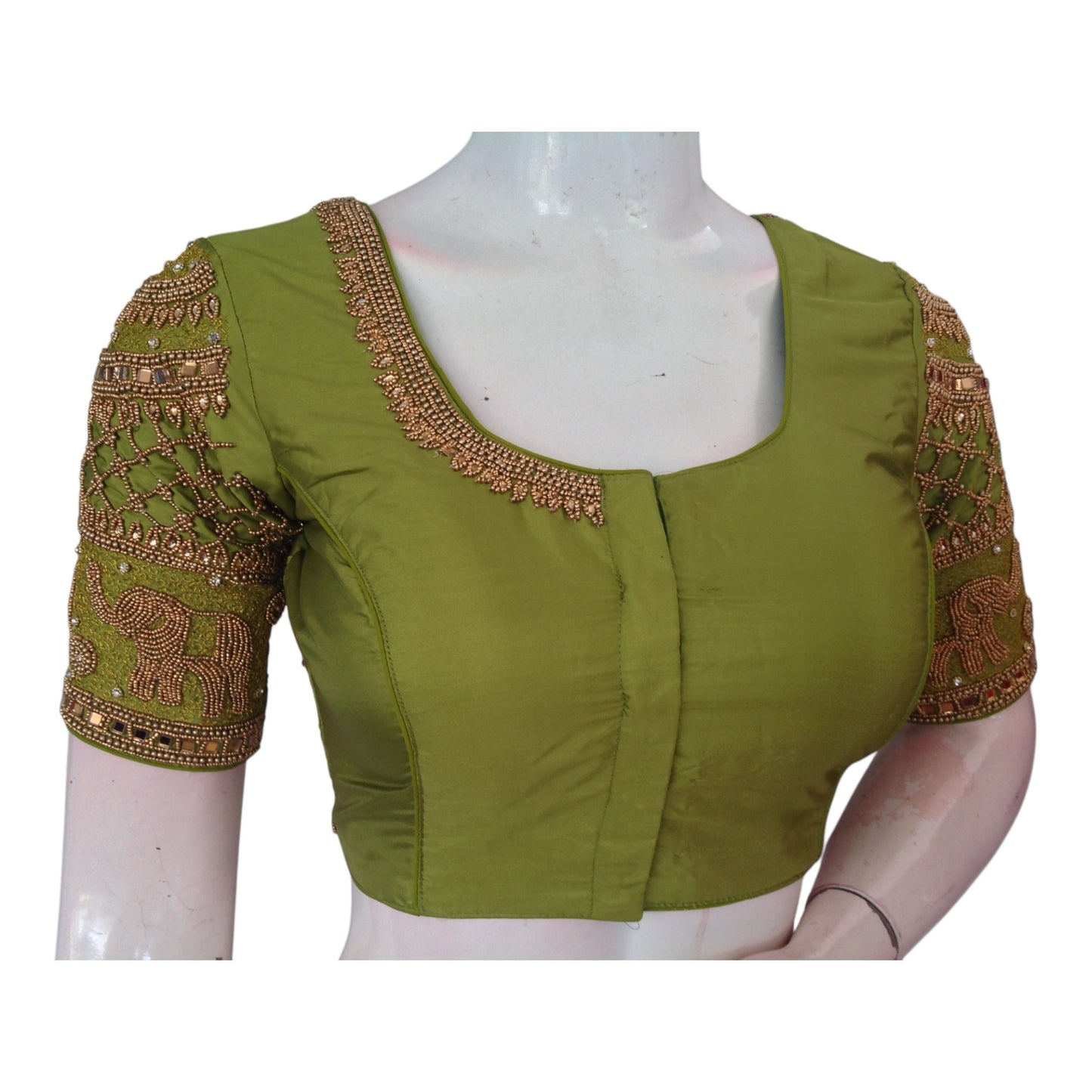 Handcrafted Olive Green Silk Wedding Blouse - Intricate Elephant Aari Design
