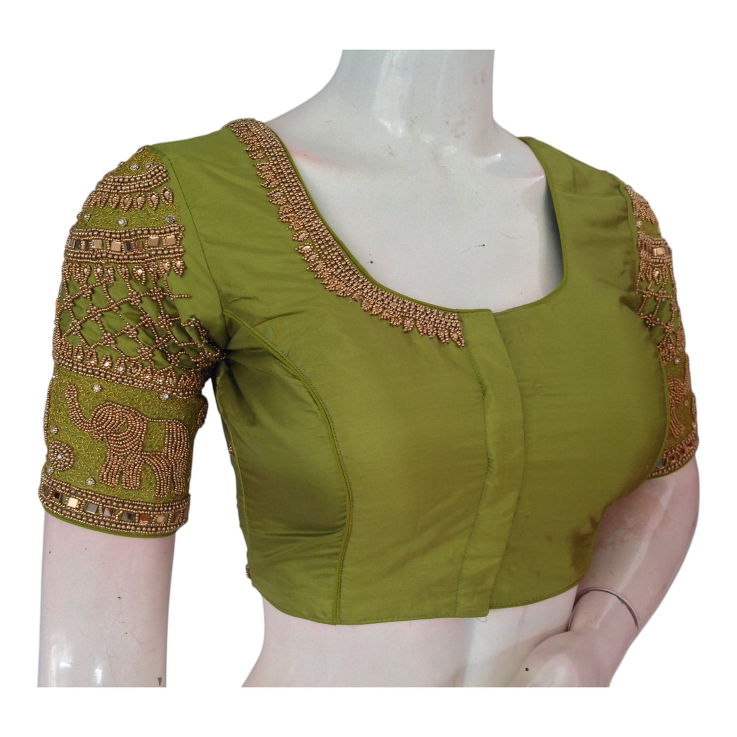 Handcrafted Olive Green Silk Wedding Blouse - Intricate Elephant Aari Design