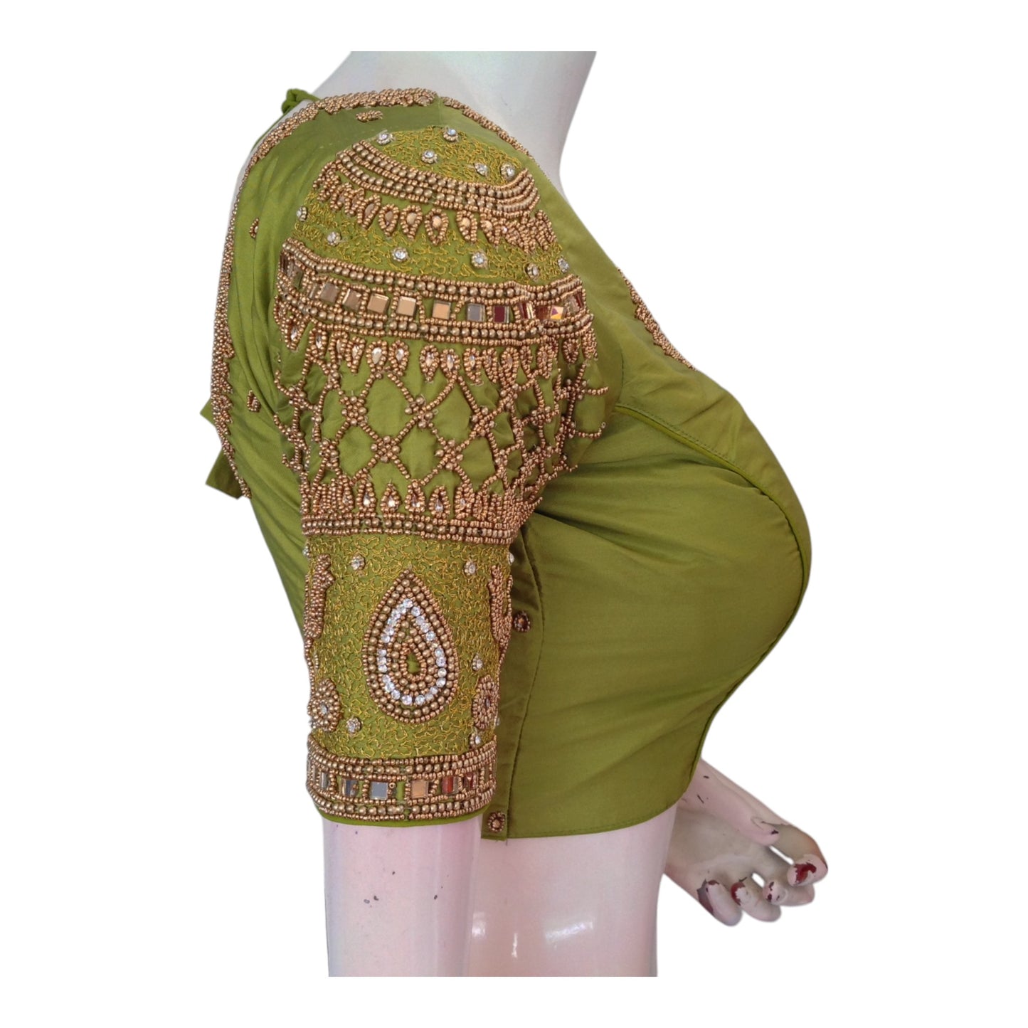 Handcrafted Olive Green Silk Wedding Blouse - Intricate Elephant Aari Design