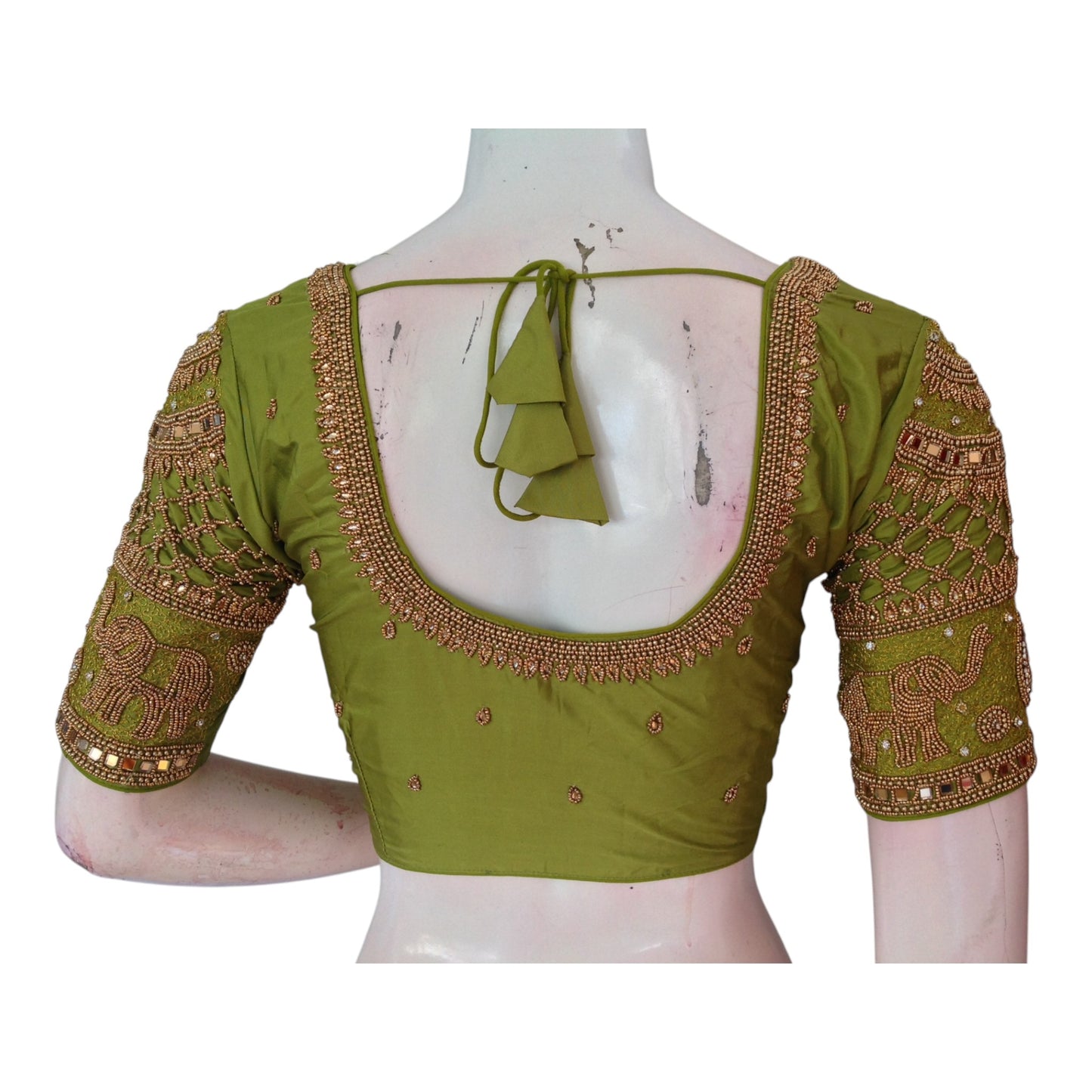 Handcrafted Olive Green Silk Wedding Blouse - Intricate Elephant Aari Design