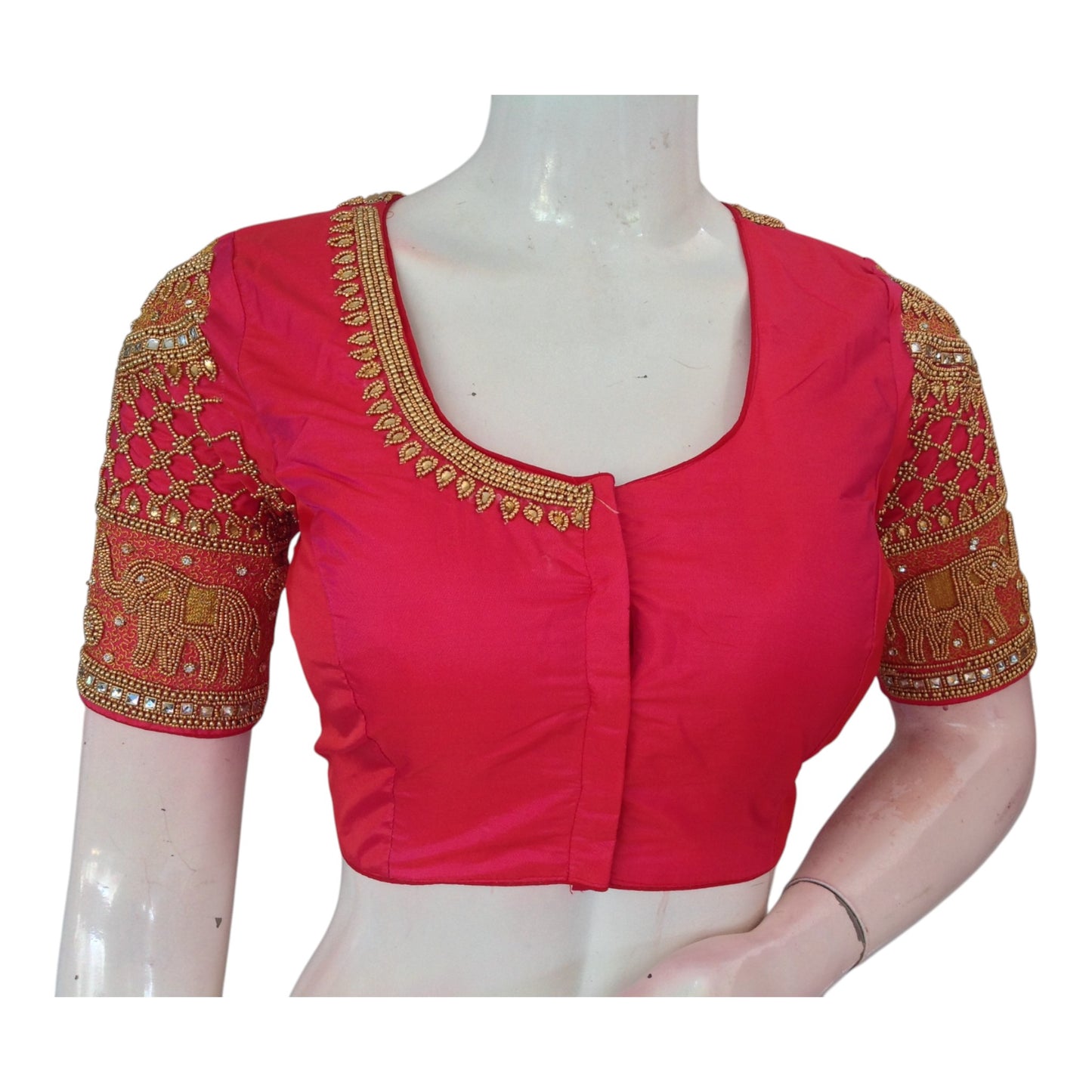 Delicate Peach Pink Aari Handwork Wedding Silk Saree Readymade Blouse