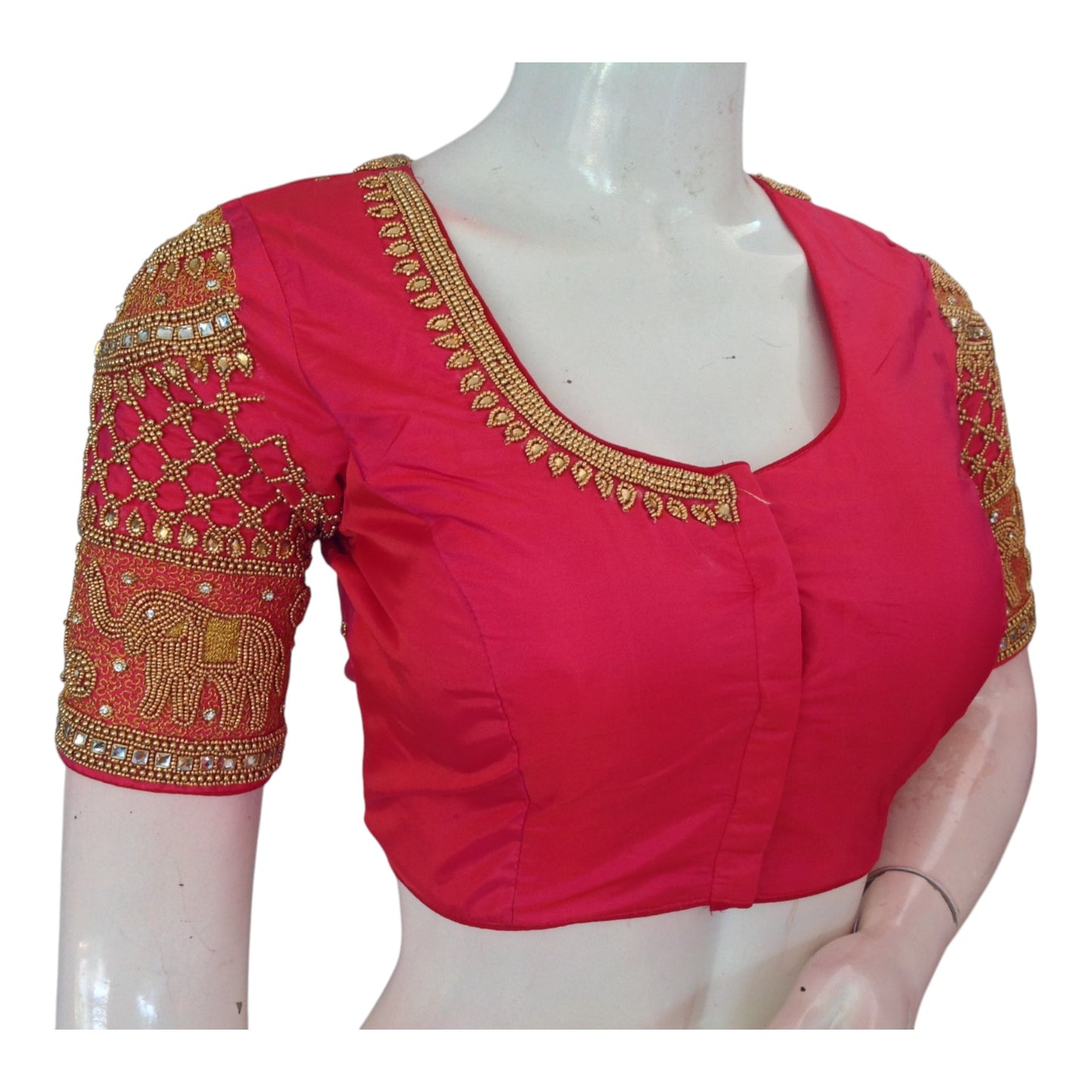 Delicate Peach Pink Aari Handwork Wedding Silk Saree Readymade Blouse
