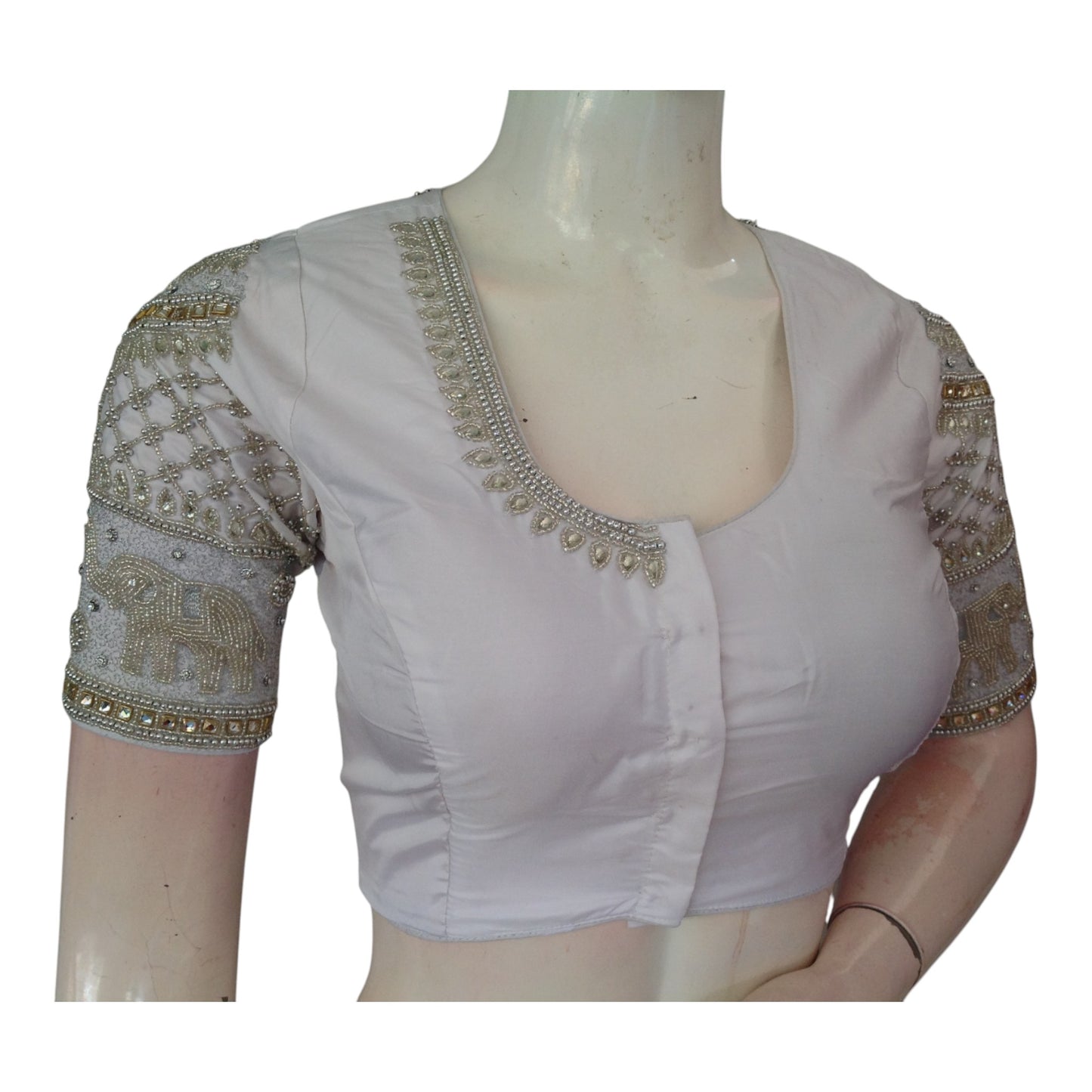 Elegant Off-White Aari Handwork Wedding Silk Saree Blouse