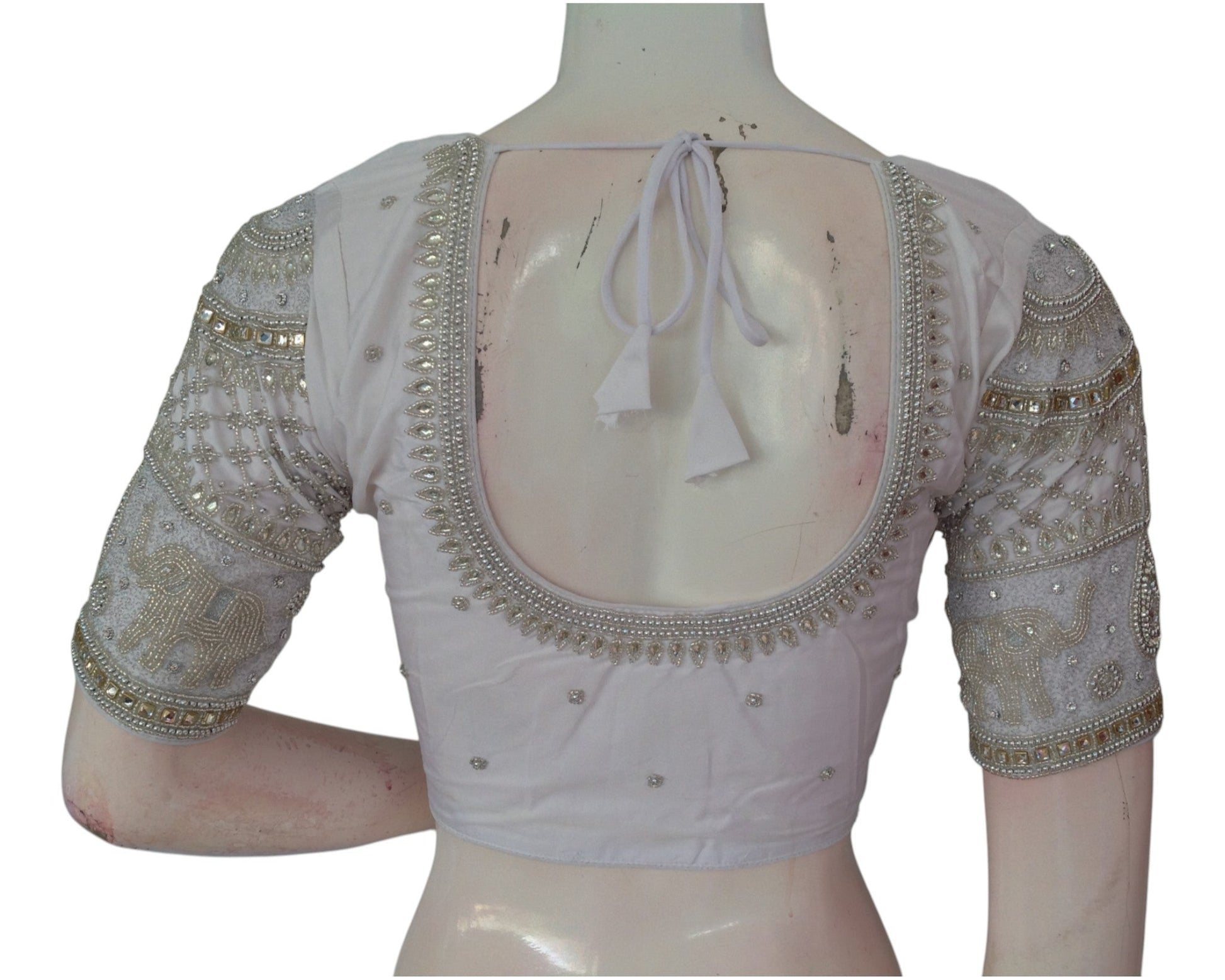 Elegant Off-White Aari Handwork Wedding Silk Saree Blouse