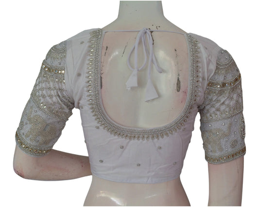 Elegant Off-White Aari Handwork Wedding Silk Saree Blouse