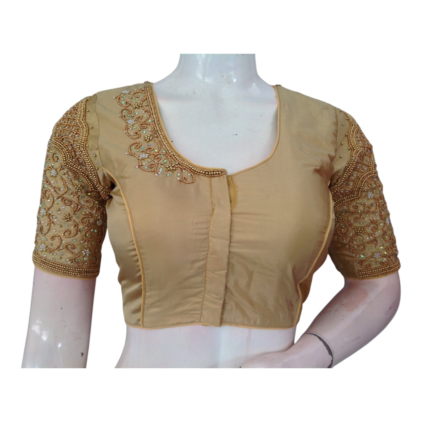 Radiant Gold Aari Handwork Wedding Silk Saree Ready made Blouse
