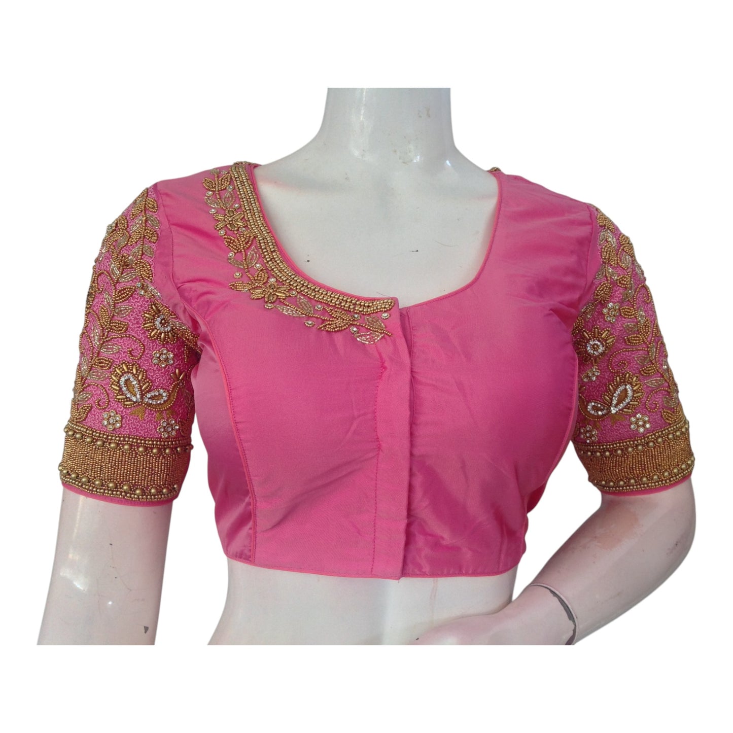 Elegant Baby Pink Aari Handwork Wedding Silk Saree Ready made Blouse