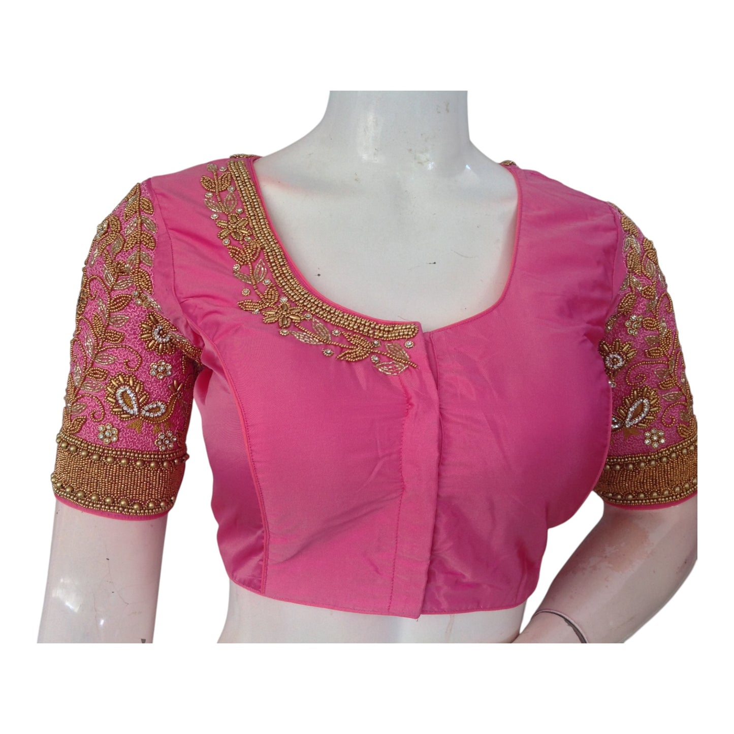 Elegant Baby Pink Aari Handwork Wedding Silk Saree Ready made Blouse