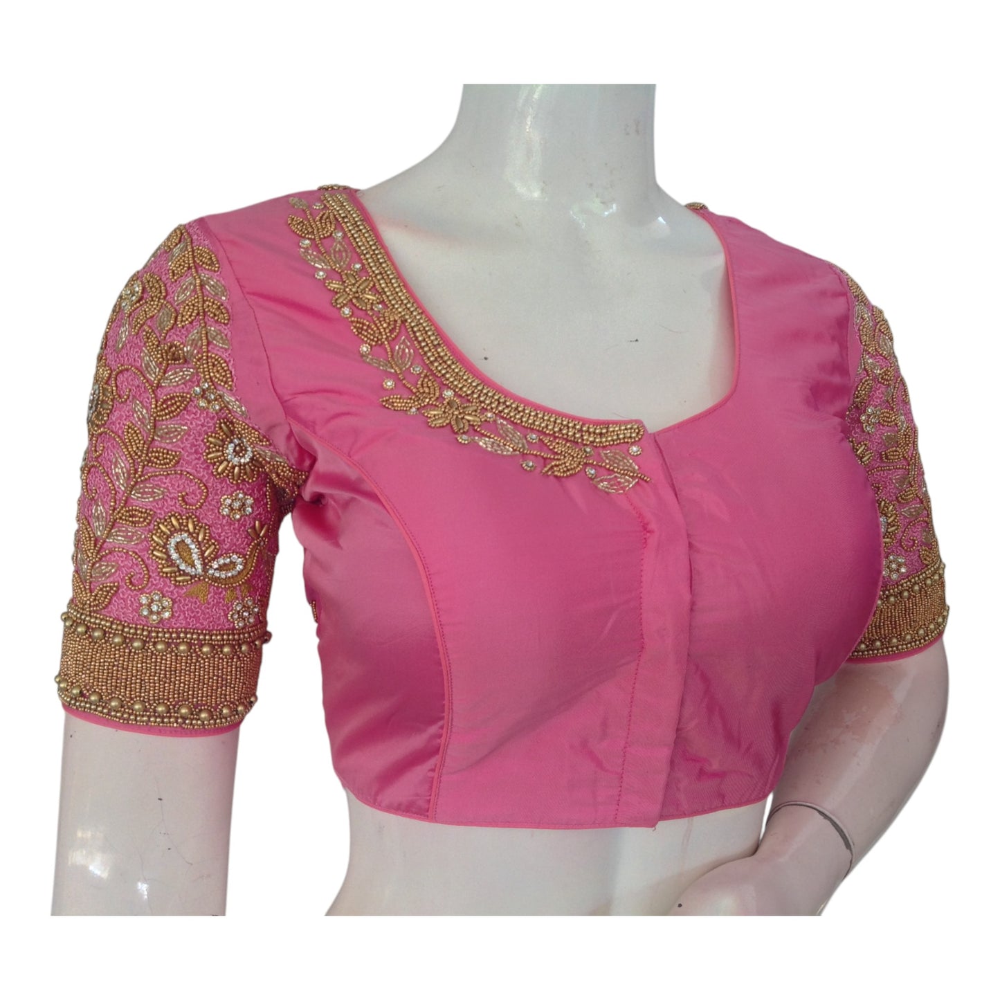 Elegant Baby Pink Aari Handwork Wedding Silk Saree Ready made Blouse