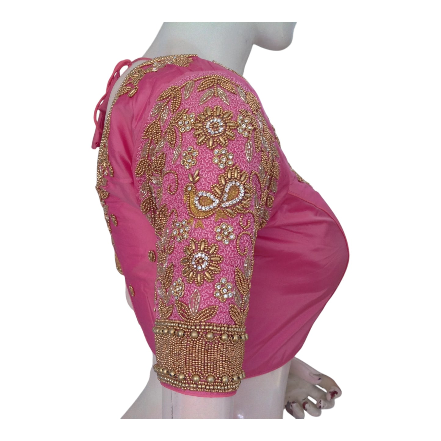 Elegant Baby Pink Aari Handwork Wedding Silk Saree Ready made Blouse