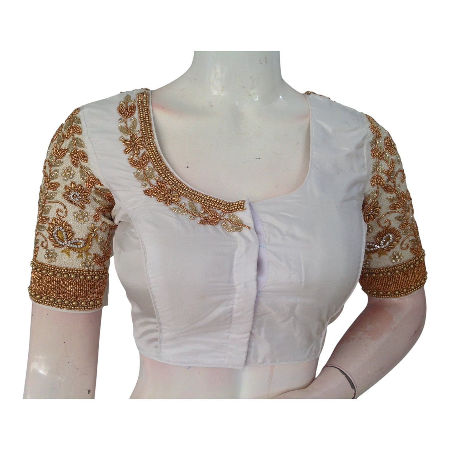 Timeless Off-White Aari Handwork Wedding Silk Saree Ready made Blouse